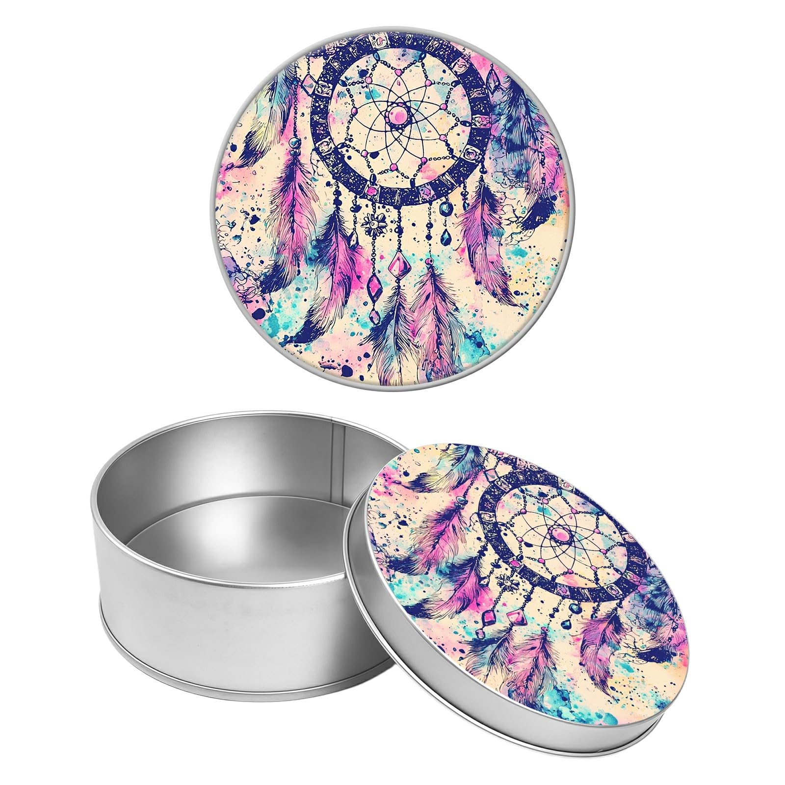 Round Metal Tin Container with Removable Lid, Color Dreamcatcher Durable Metal Storage Box for Crafts Snacks Candies Office Supplies Small Items 3.54 x 1.38 inch– Single Pack