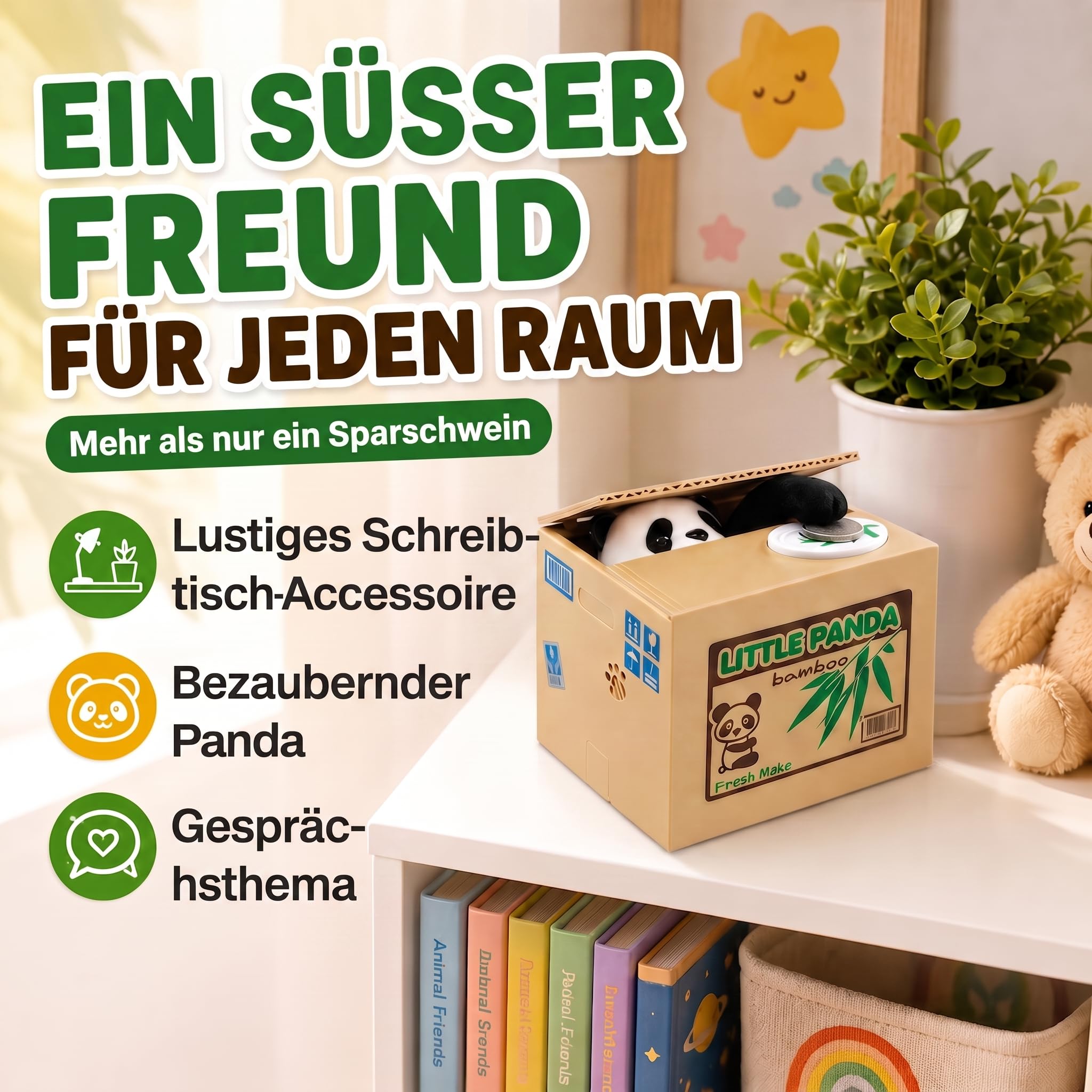GOODS+GADGETS® Elektroniczna Skarbonka Panda - Interaktywna | Miś panda chwyta monetę na dźwięk i muzykę – nauka oszczędzania jako zabawa dla dzieci