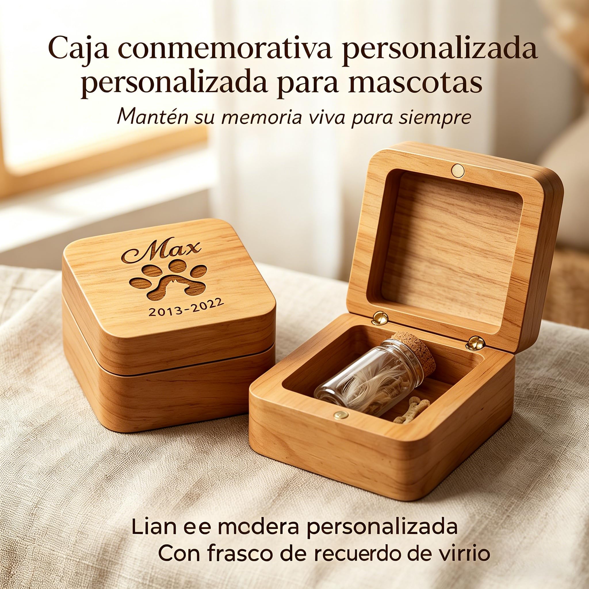 VEELU Regalo Conmemorativo Perro Gato Personalizado - Caja de Recuerdos con Foto y Nombre, Pequeña Urna de Madera para Cenizas y Pelo con 4 Frascos de Vidrio, Regalo por la Pérdida de una Mascota