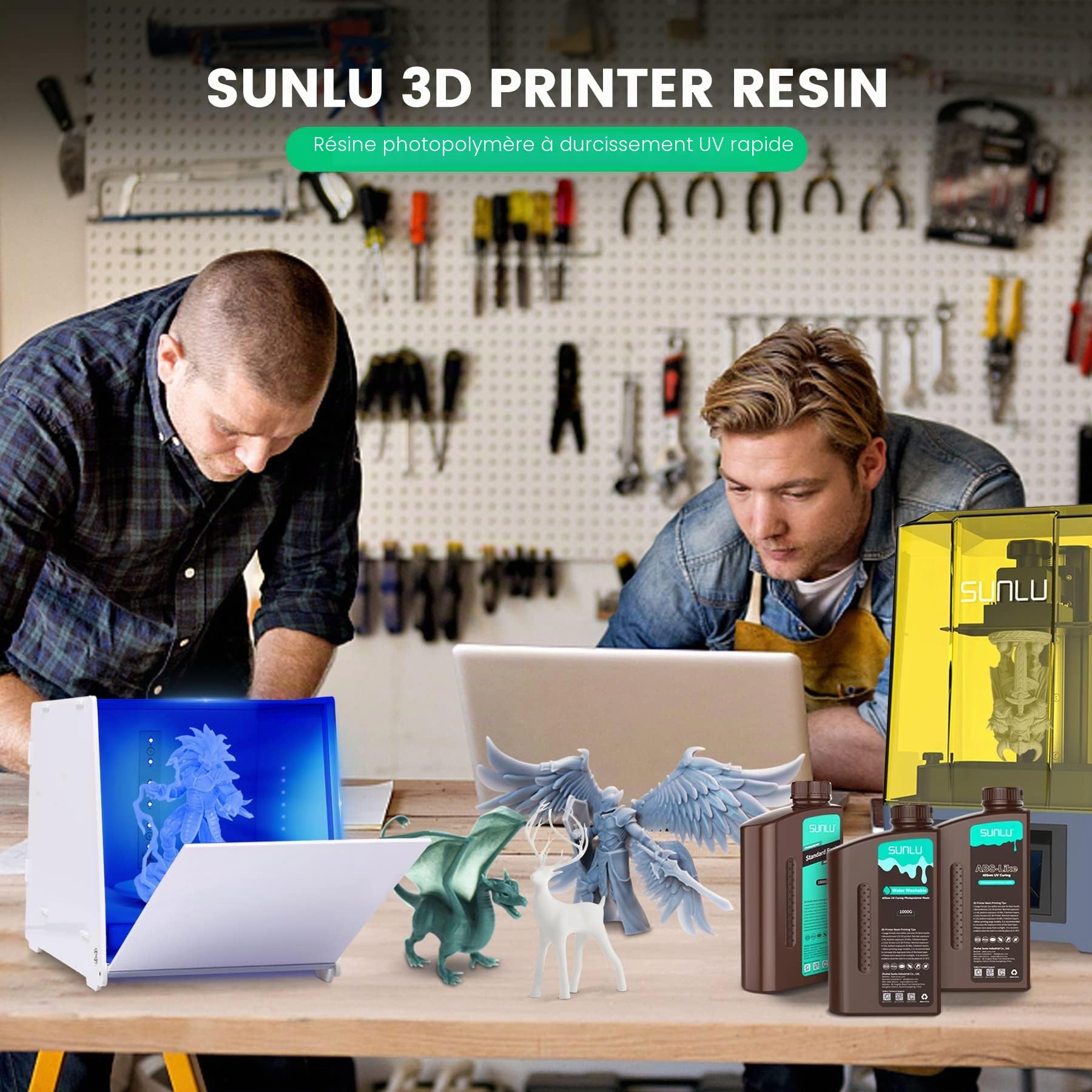 SUNLU Résine standard 2 kg Faible rétrécissement Durcissement rapide Résine UV 365-405 nm Pour imprimantes 3D LCD/DLP/SLA 2000 g Gris