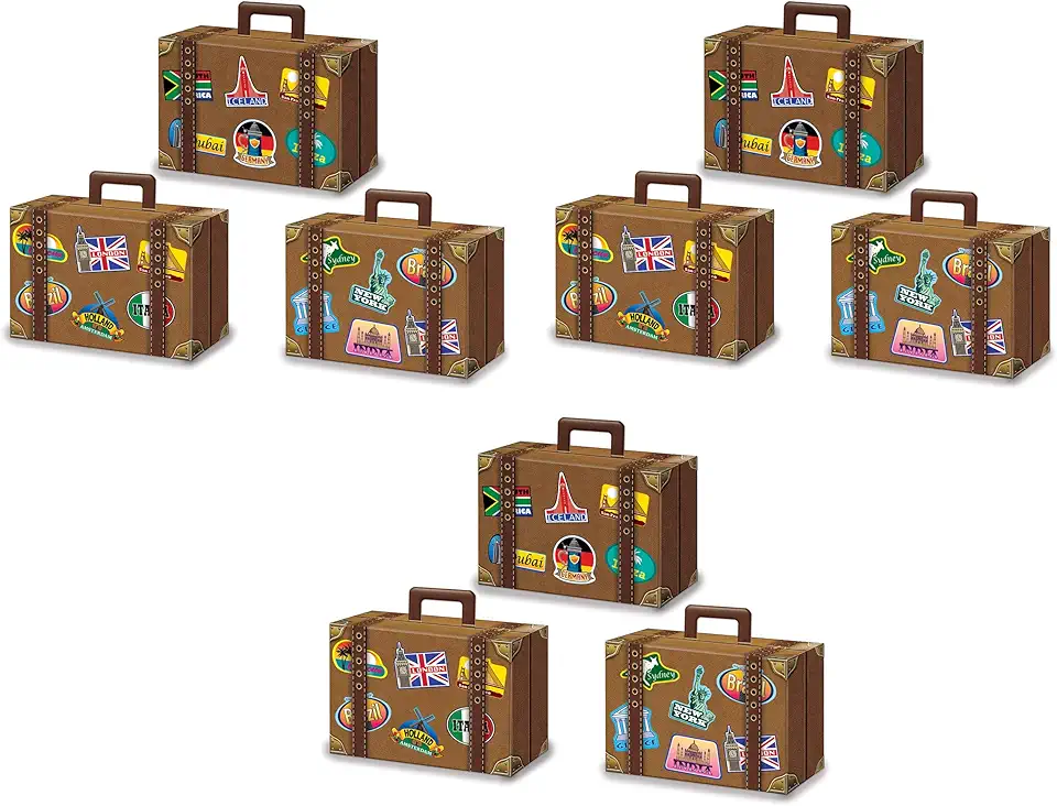 Beistle Pacote com 9 caixas de lembrancinhas de bagagem em marrom, acessórios de festa de aniversário para viagem do mundo, suprimentos de festa ao redor do mundo, 10 x 14 cm