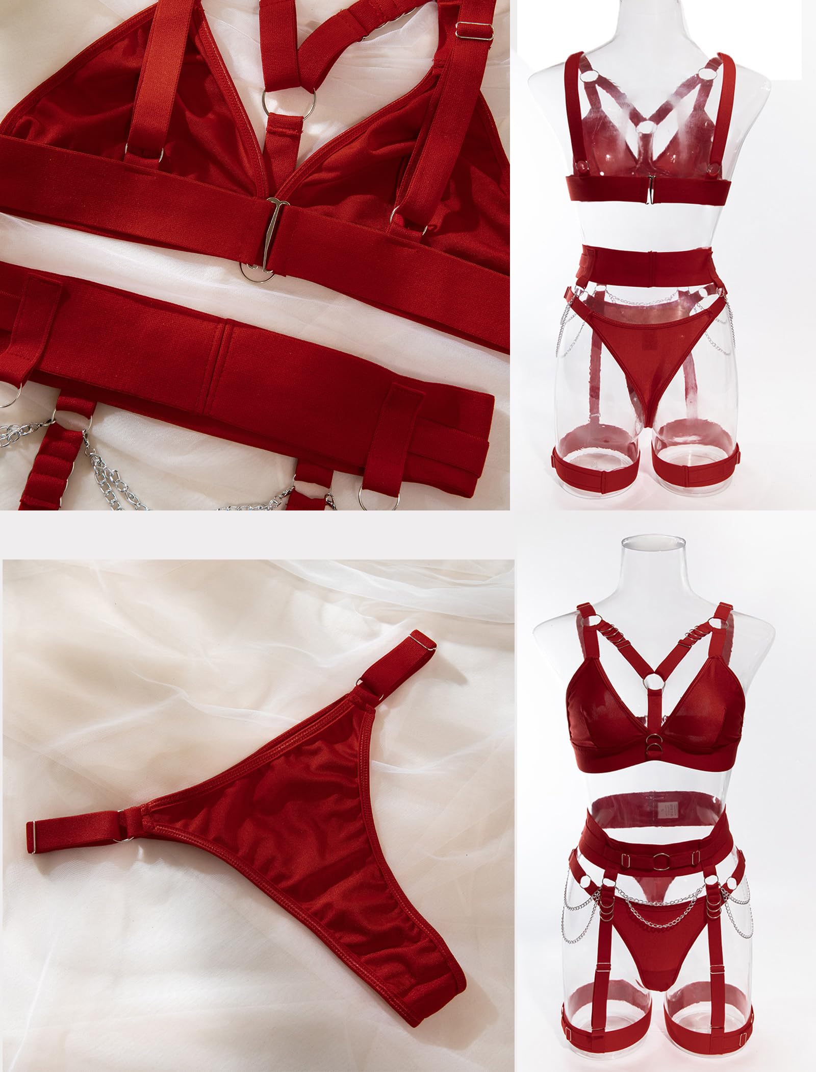 Alrovetoney Sexy Lingerie Set For Women With Garter Belt 5 Pieces Strappy Bra and Panty Set Adjustable With Chain: Small Burgundy