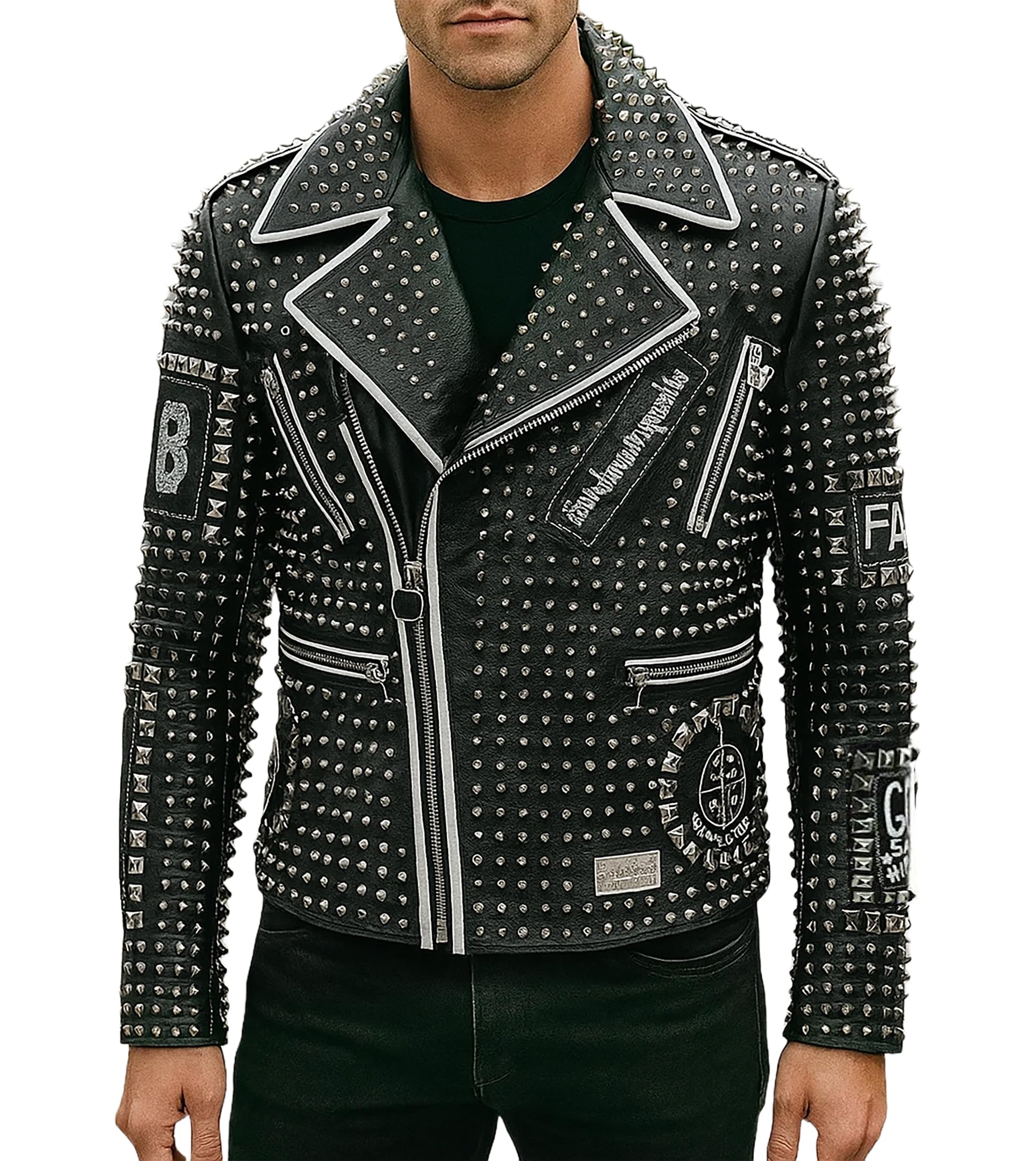 Men's Studded Cowhide Leather Biker Jacket - Punk Rock Spiked Brando Coat