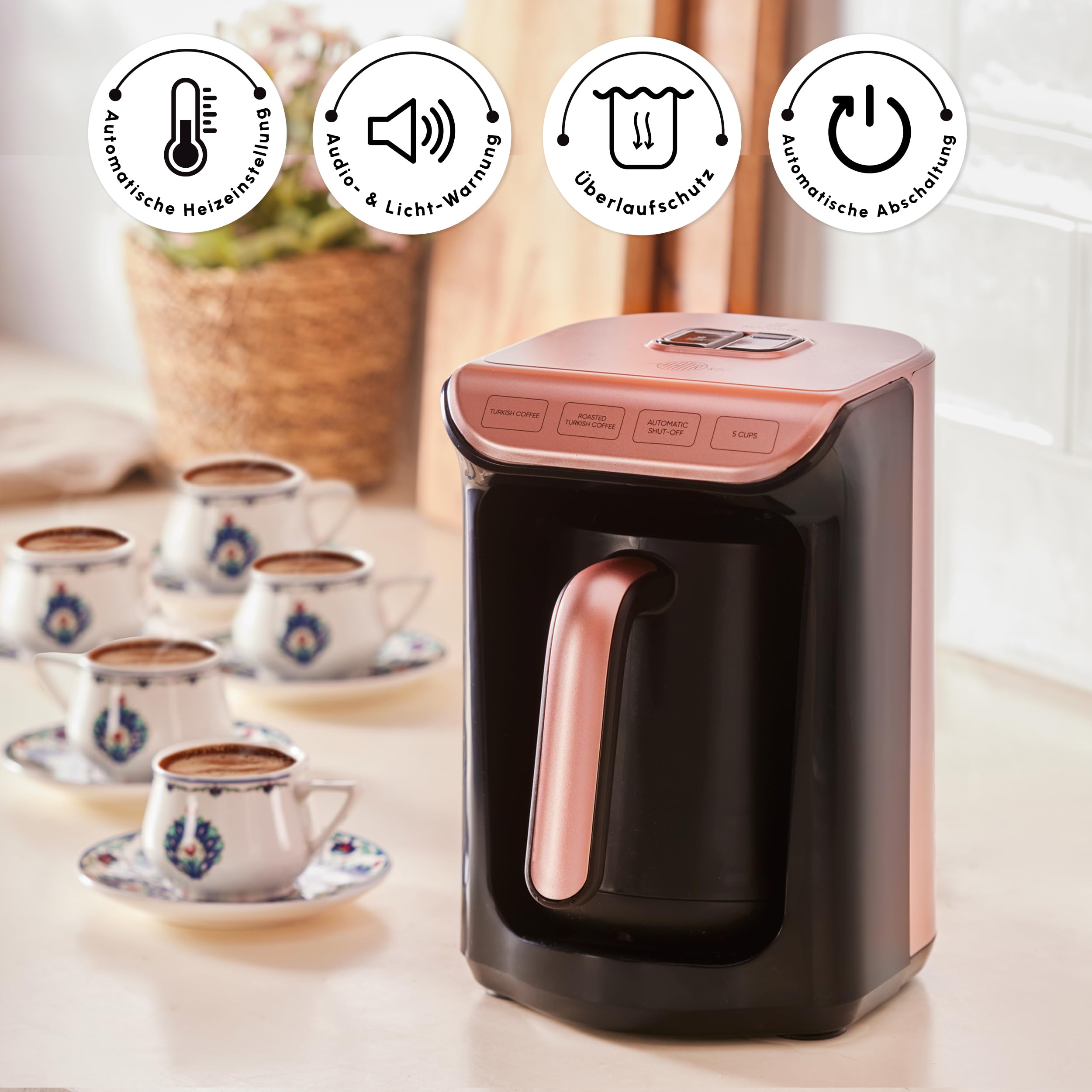 KARACA Hatır Roast - Caffettiera turca in oro rosa, 5 tazze, capacità 535 W, sistema di allarme vocale, sistema di allarme luminoso, misurino, facile da pulire
