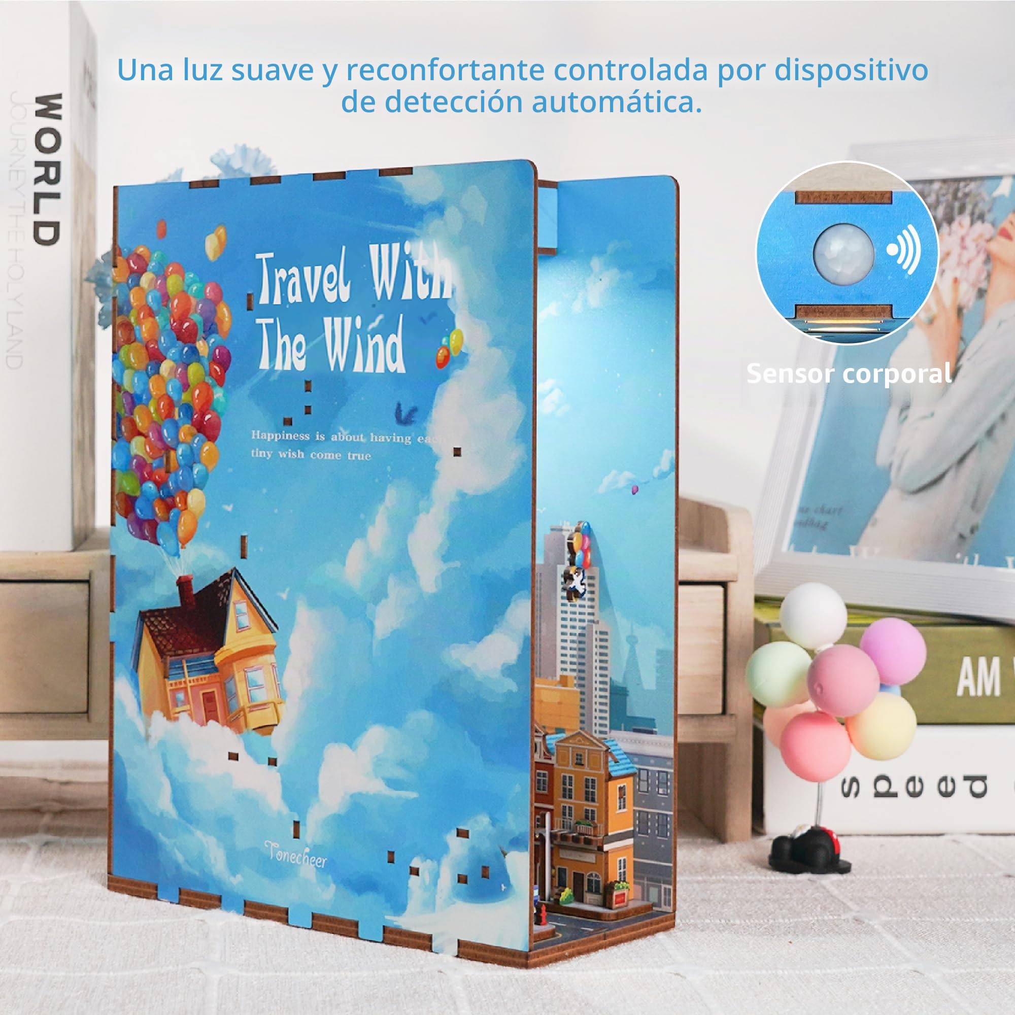 Tonecheer Book Nook Kit DIY Modelo de Montaje 3D Puzzle de Madera para Adultos Construye un Kit de Casa en Miniatura Kit de Manualidades con Luz Regalos Personalizados (Viajando con el Viento)