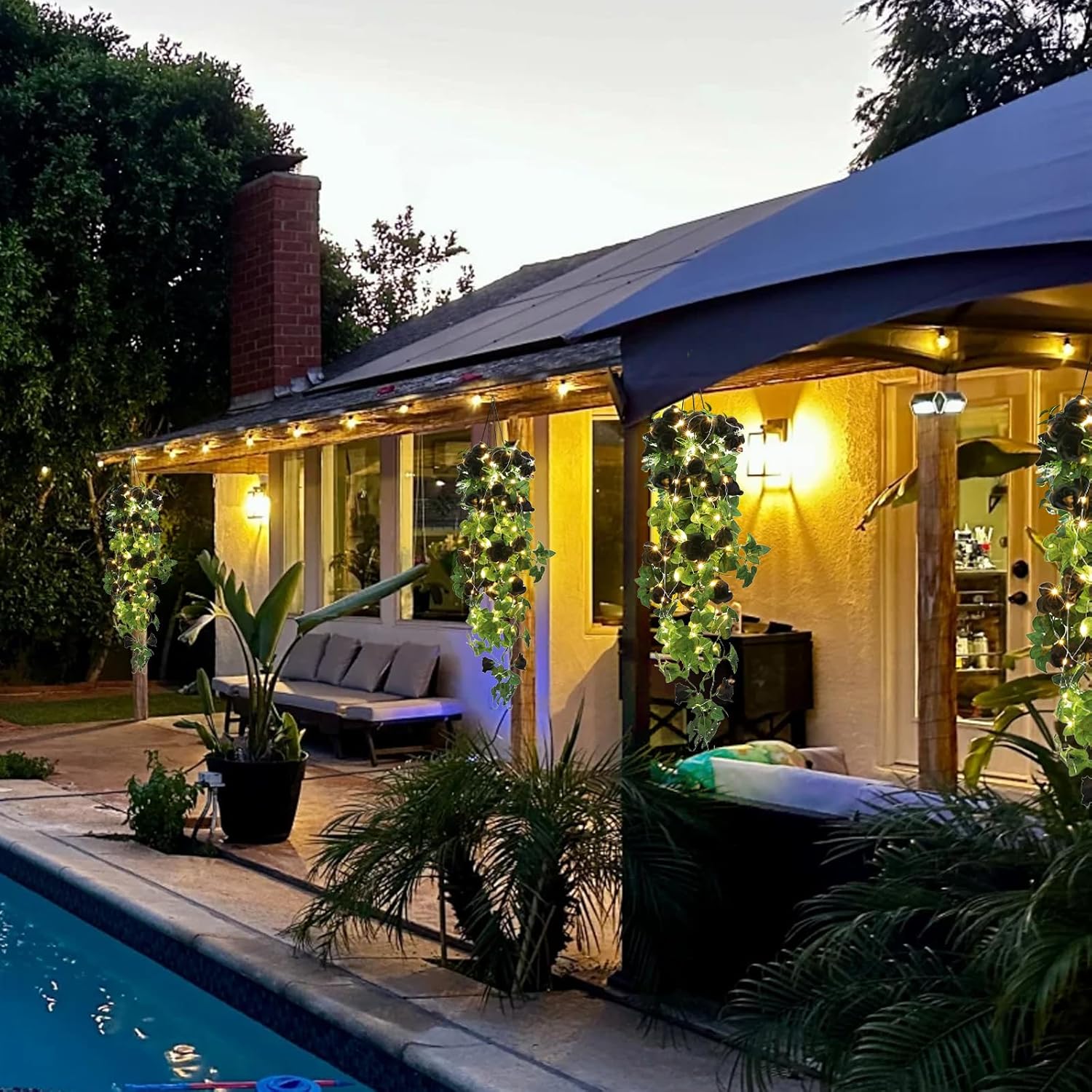 RECUTMS Hanging Flowers Black Artificial Rose Flower 2PCS 3.3Ft for Outdoors with 30 LED Fairy String Lights Fake Indoor Wall Wedding (Black)