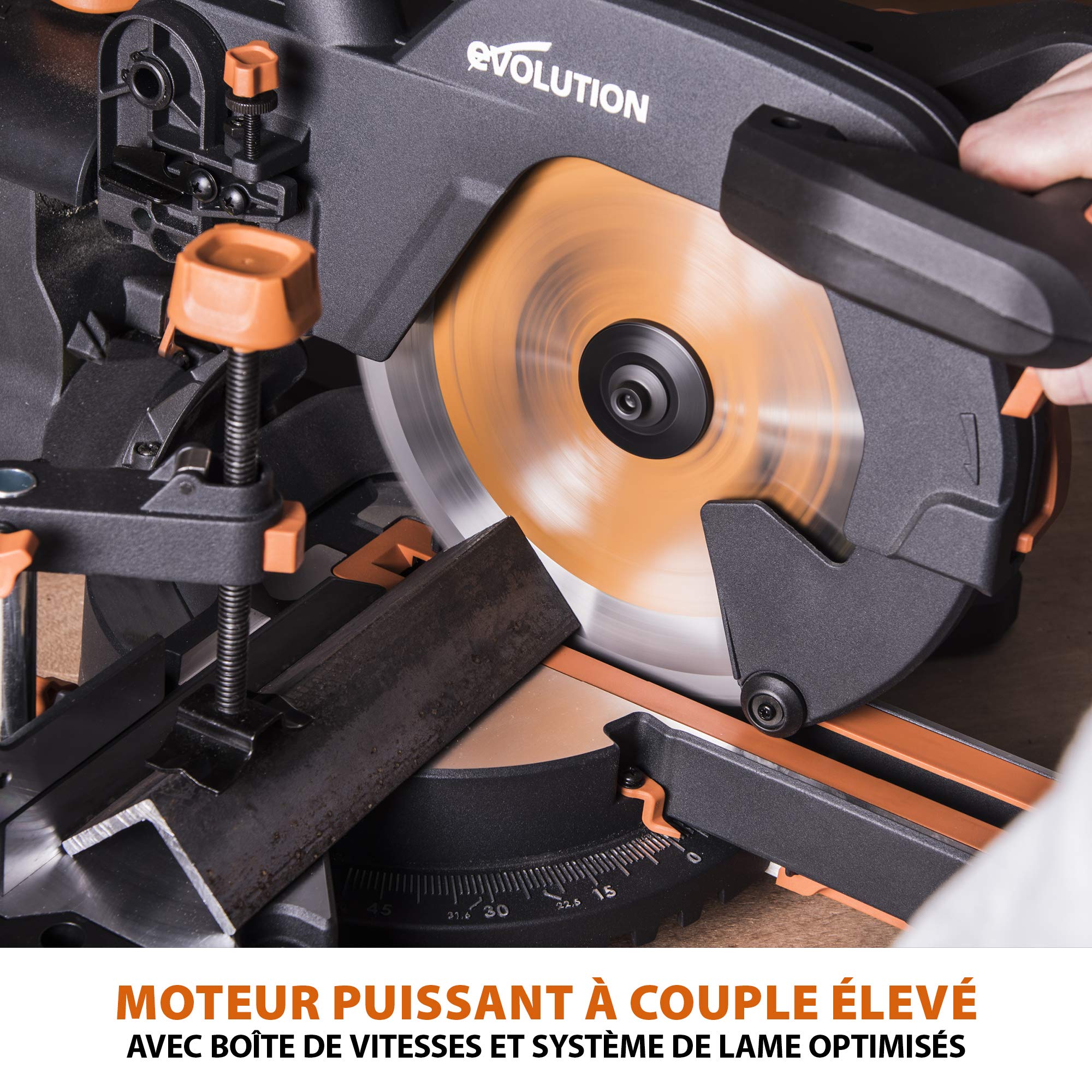 Evolution Power Tools Scie à Onglet Coulissante avec des Caractéristiques PLUS - 0-45˚ Biseau, 50-50˚ Onglet - Coupe Multi-Matériaux - Le Bois, Le Plastique, Le Métal Lame Incluse 255mm - R255SMS+