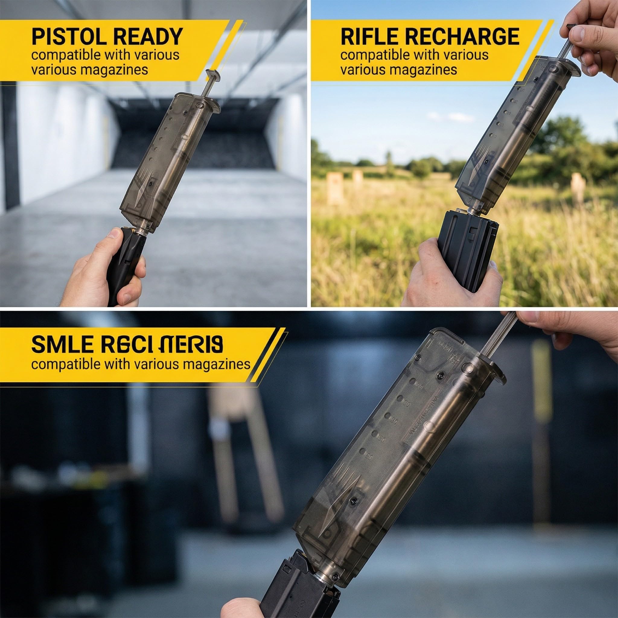 Caricatore Rapido Airsoft per 100 Pallini BB da 6mm con Adattatore Pistola. Design Robusto in Plastica per Ricariche Veloci, Sicure e Precise.