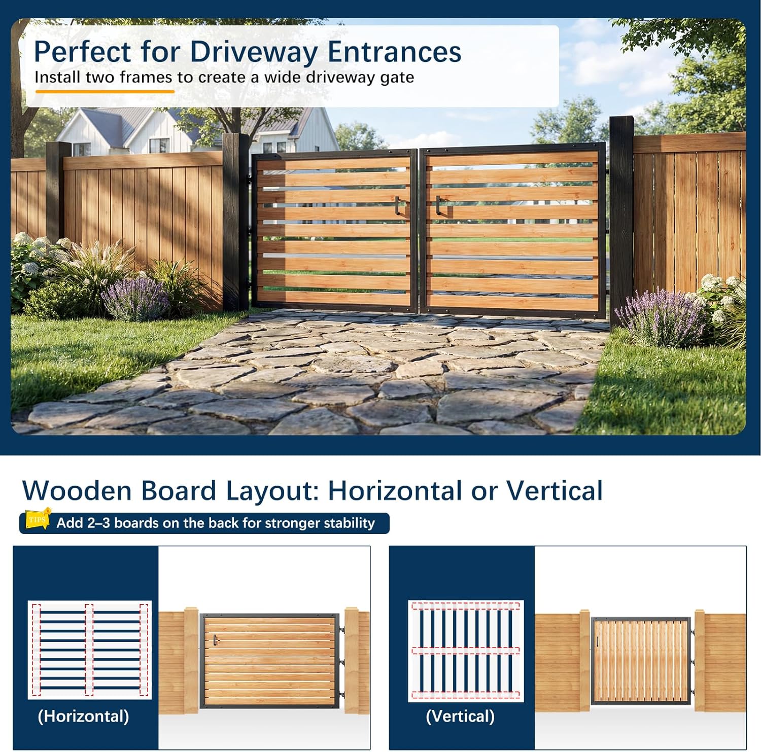 5 ft. H x 6 ft. W Driveway Gate Frame Kit, Anti-Sag Heavy Duty Single Steel Frame, DIY Wood Gate for Outdoor Entrances, Black Coated Fence Gates for Garden, Driveway, Yard (Wood Not Included)
