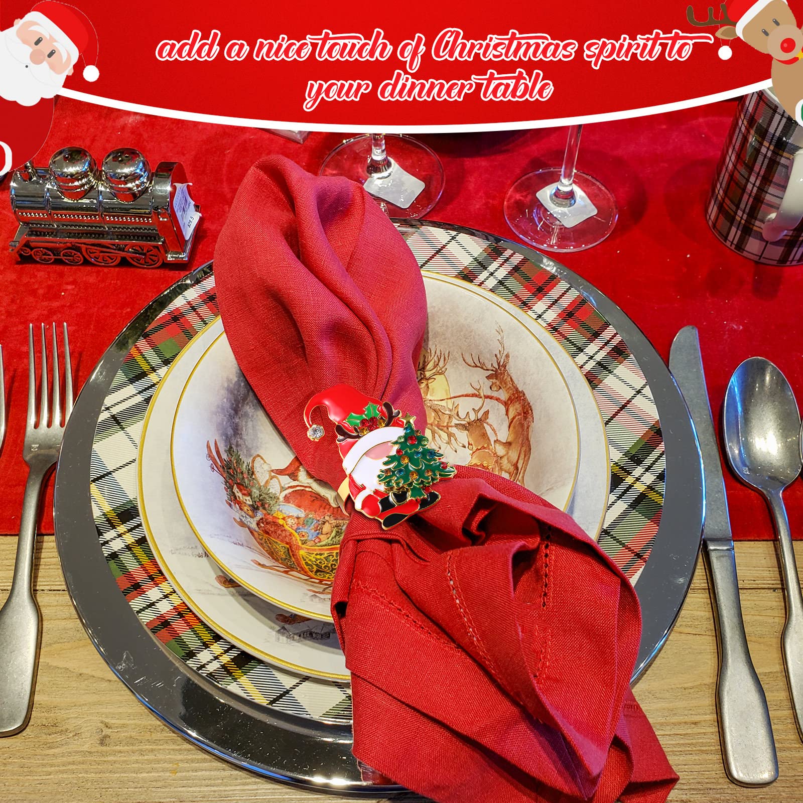 Lot de 12 ronds de serviette « Merry Christmas » en alliage de métal doré et rouge avec strass pour table de Noël, dîner de maison, cuisine, décoration de table de mariage, banquet (nain de mariage)