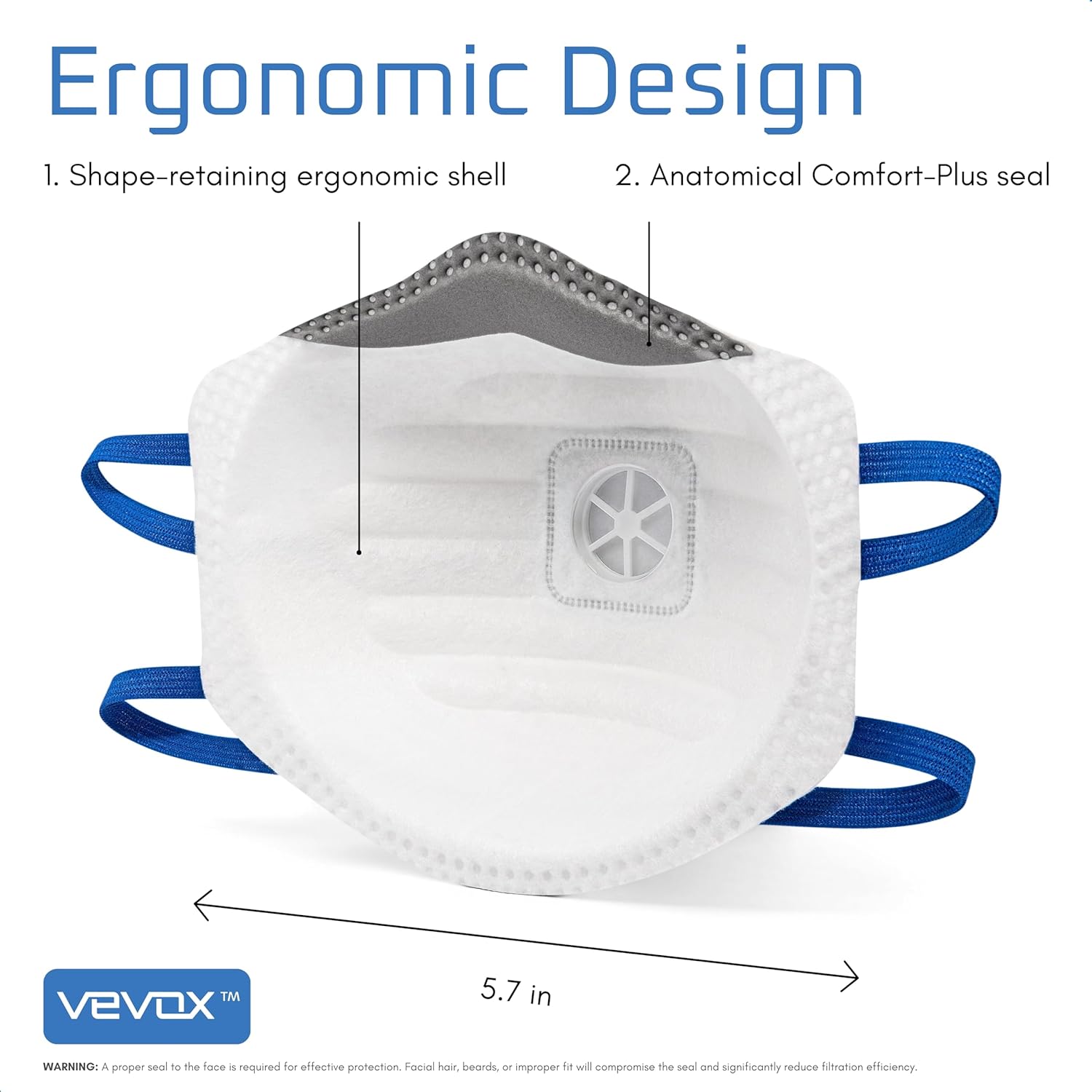 VEVOX™️ N95 Mask – NIOSH Approved – 10 or 20 Pack – Valved Particulate Respirator – Comfort-Plus Seal – Dust Mask for Adults