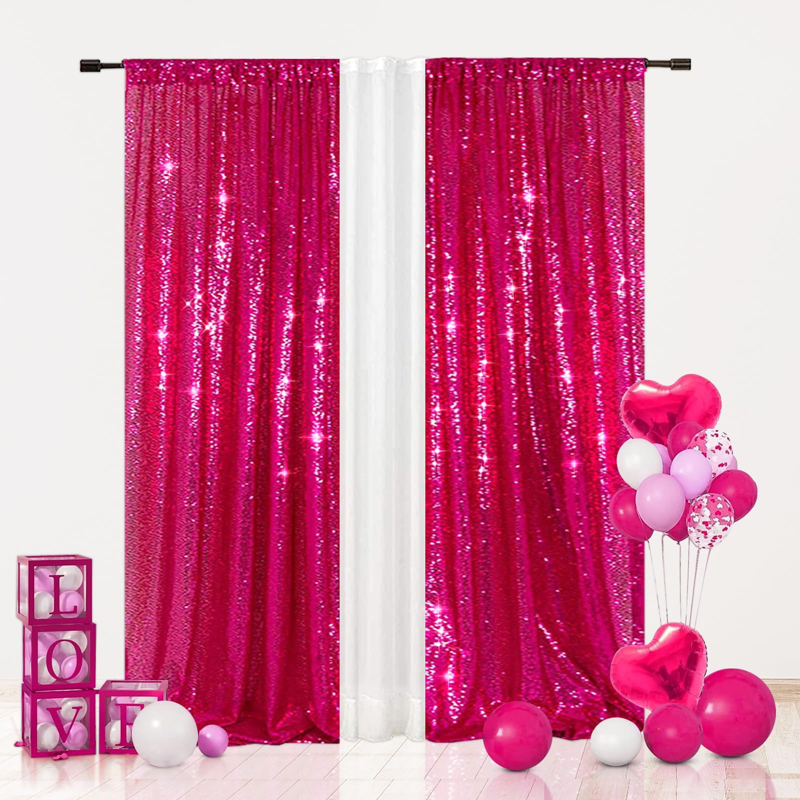 Eternal Beauty Pink Sequin Backdrop Curtains, Hot Pink Shimmer Back Drop 2Panels-2FTx8FT for Valentines Christmas, Party, Birthday, Photography,