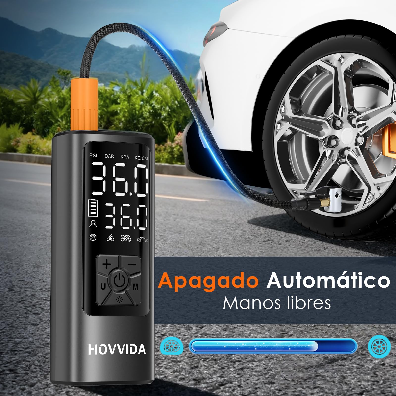 HOVVIDA Compresor Aire Portatil 150 PSI 10,3 Bar 5V Inflador Ruedas Coche Bicicleta Batería Recargable LED