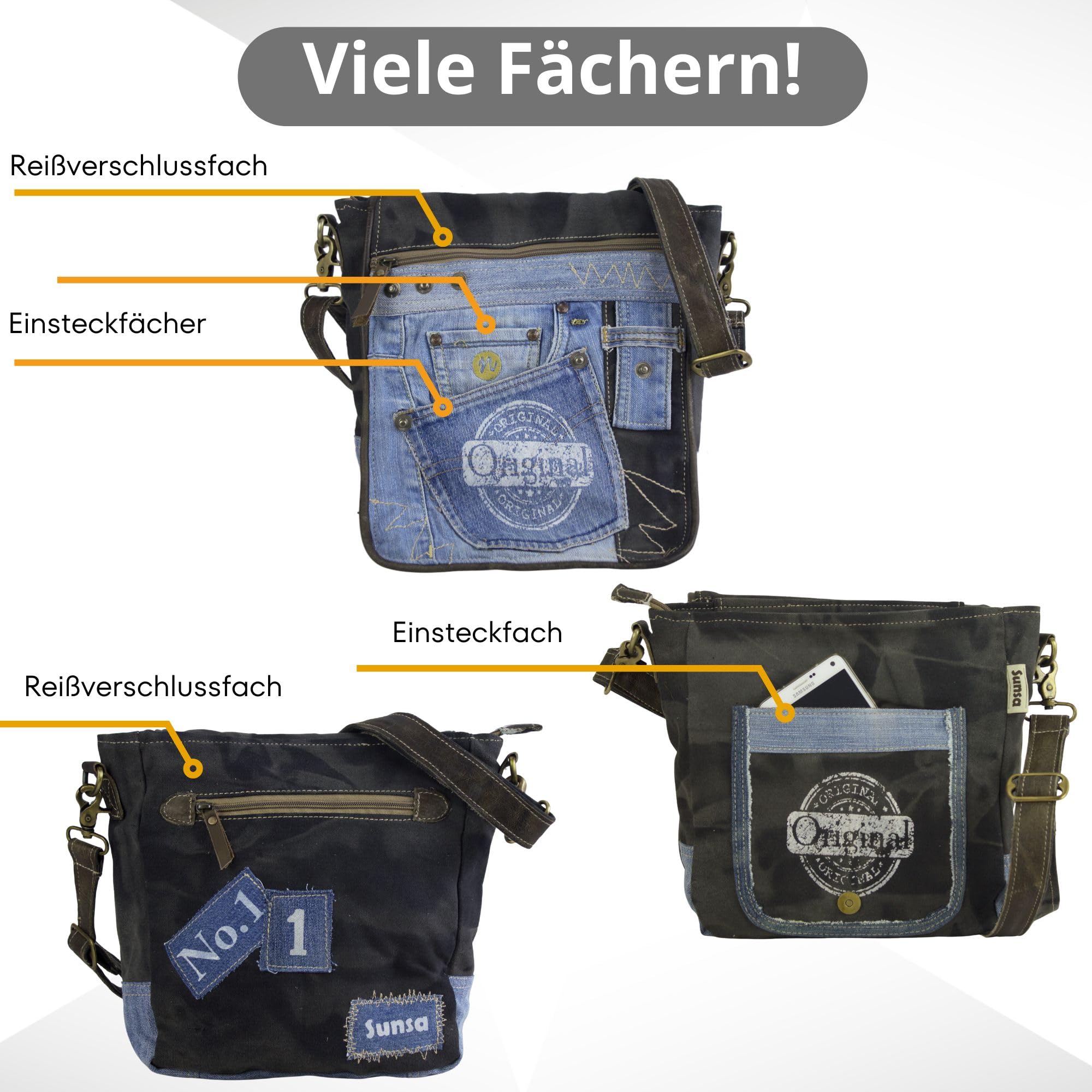 Sunsa Messenger Tasche Umhängetasche aus recycelte Jeans & Canvas Unisex