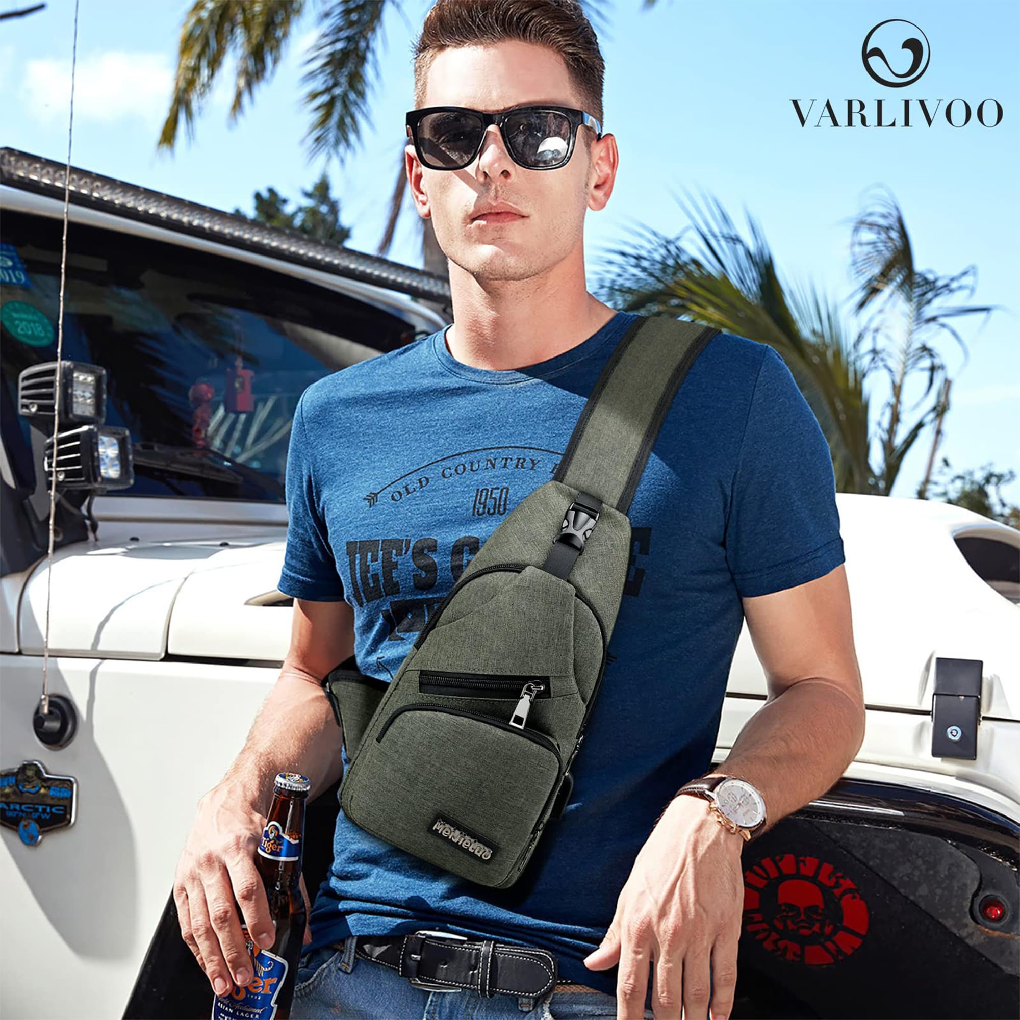 VARLIVOO Moda męska Sling Bag z portem USB Torba na klatkę piersiową Torby na ramię Torba sportowa Torba Crossbody Podróże Piesze wycieczki Kolarstwo Plecak na ramię Wodoodporny poliester Zieleń Wojskowa