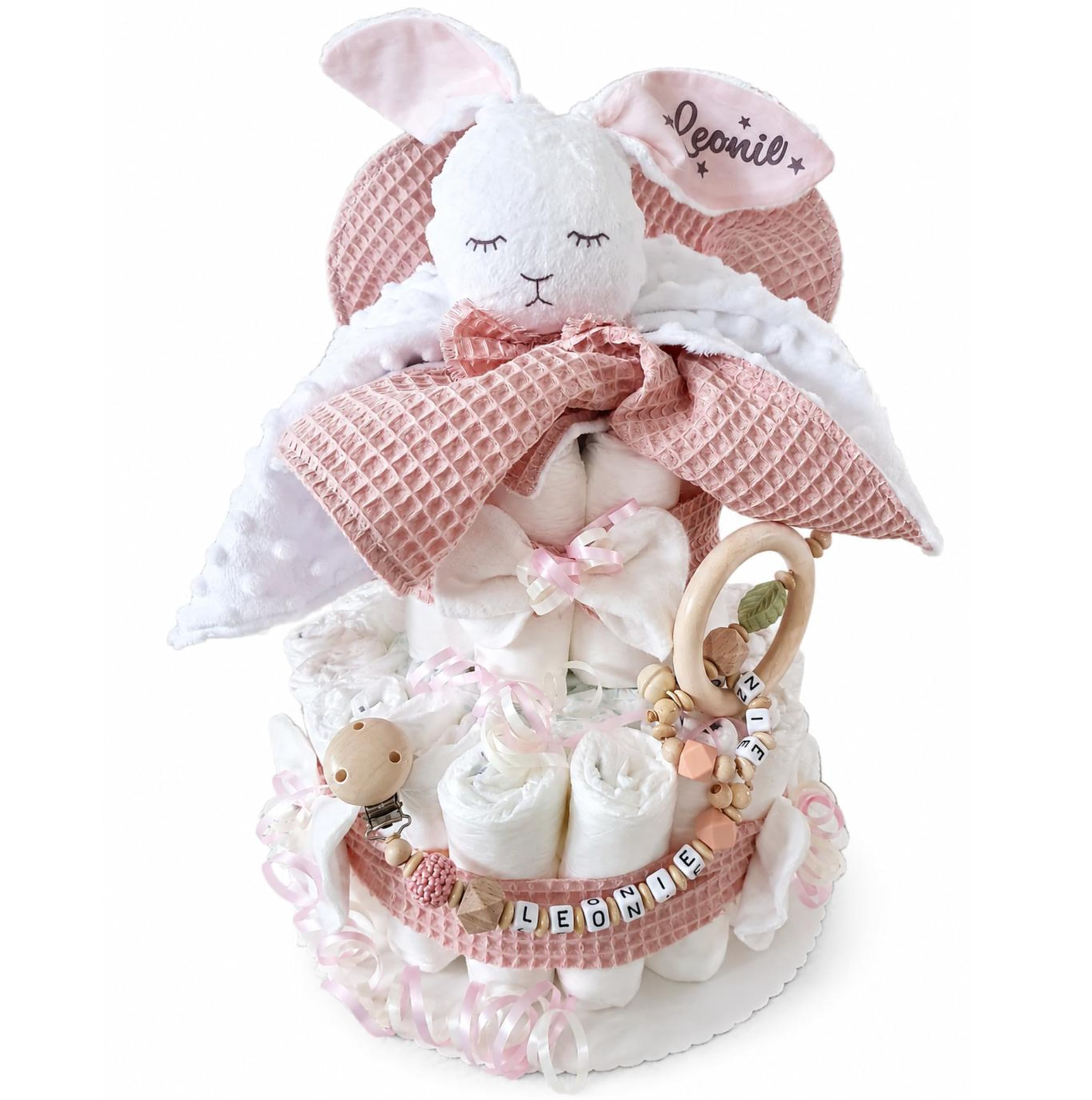 Windeltorte XXXL mit Namen - Kuscheltier süßer Hase - Schnullerkette Greifling Kinderwagenkette - Geschenk, Babyparty, Geburt Taufe + Gratis Grußkarte (Katze Kätzchen rosa)