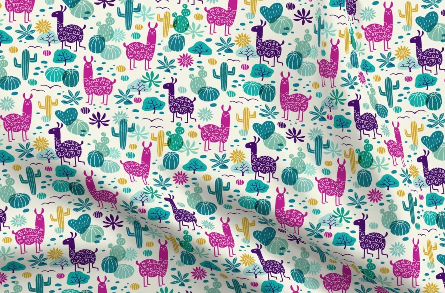 Spoonflower Fabric - Llamas Desert Llama Cacti Cactus Children Turquoise Southwestern Printed on Organic Cotton Sateen Fabric by The Yard - Sewing Quilting Apparel Home Decor