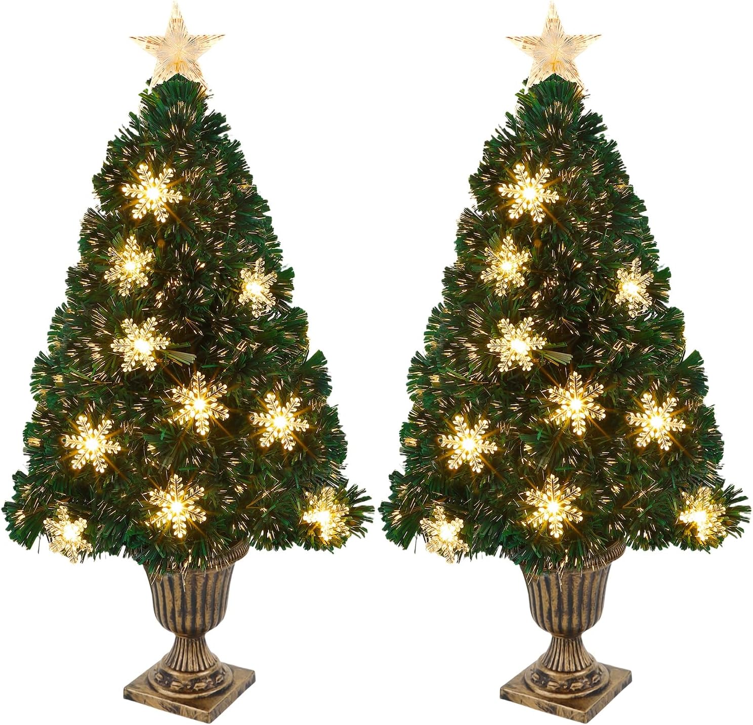 Juegoal 2 Pack Pre-Lit Artificial Christmas Trees, 3 FT Lighted Green Optical Fiber Entrance Tree in Gold Urn Base, 8 Lighting Modes, 110 Branch Tips for Front Door Porch Festive Holiday Home