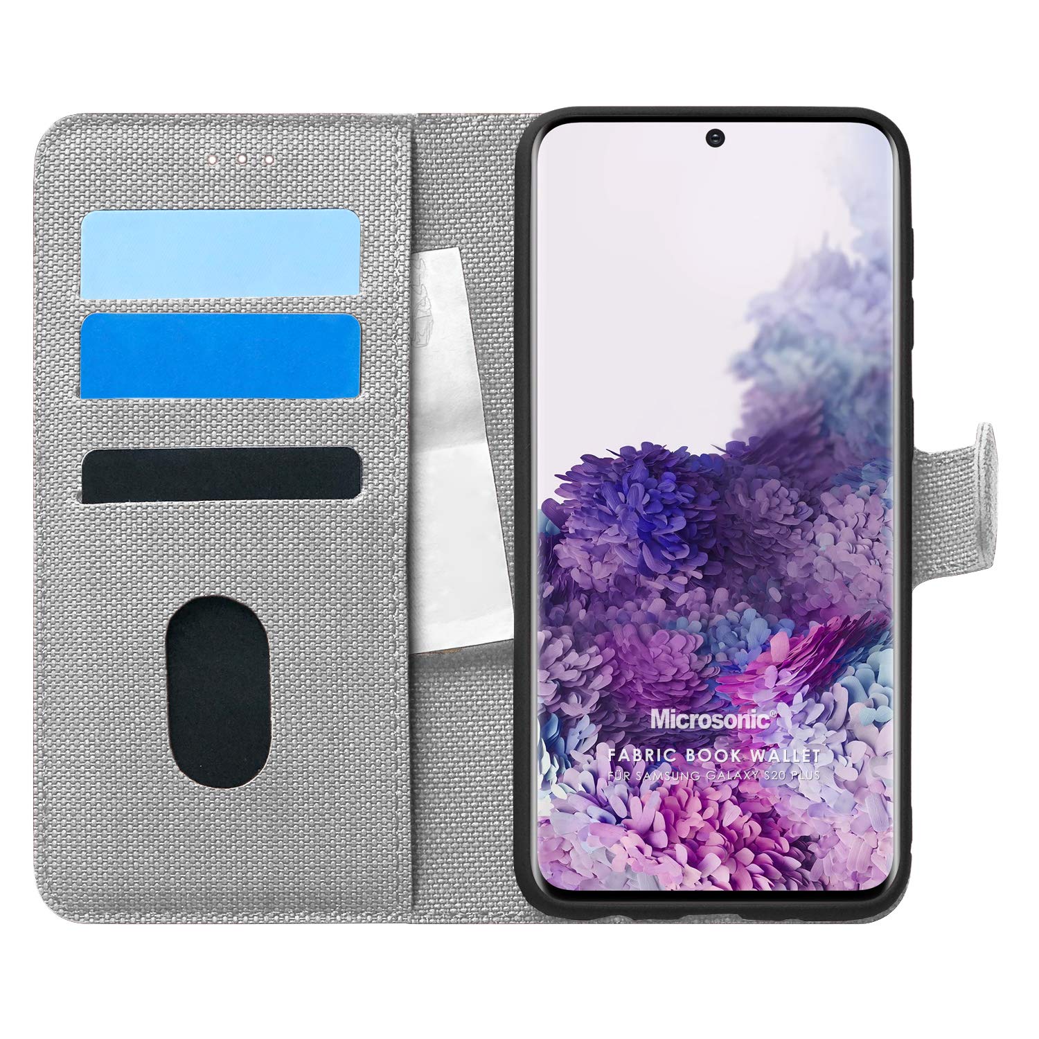 Microsonic Samsung Galaxy S20 Plus için Kılıf Fabric Book Wallet Gri [Galaxy S20 Plus ile Uyumlu Kılıf - Gri]