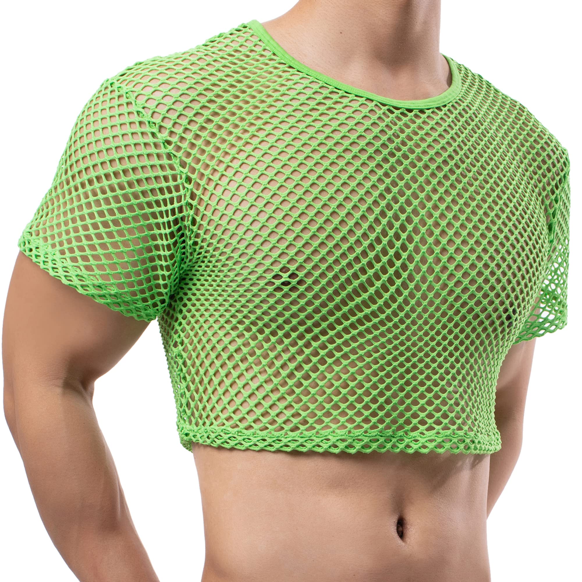 Men's Fishnet Crop Tops Mesh T Shirt See Through Undershirt Nightwear Sheer Shirt