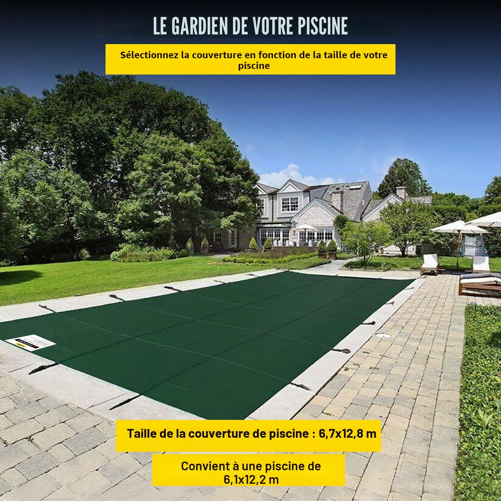 VEVOR Couverture de sécurité pour piscines creusées 6,1 x 12,2 m Maille Verte Couverture de sécurité Taille 6,7 x 12,8 m avec Outils d'installation pour Piscine d'hiver, résister au Soleil, au Vent