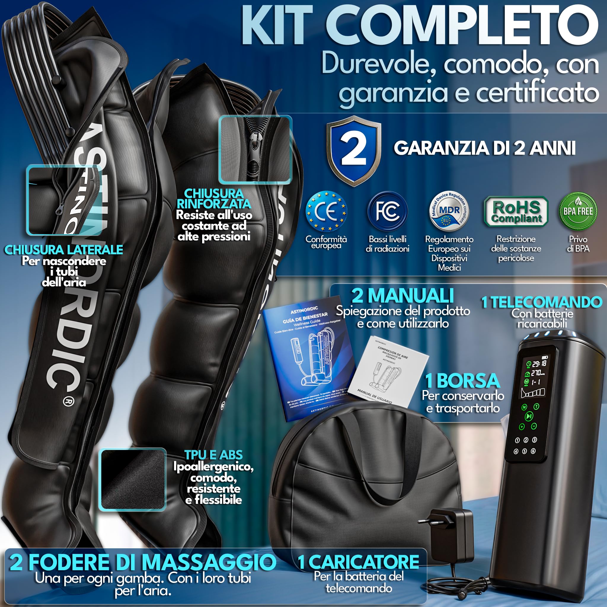 Pressoterapia per Casa 270 mmHg + Guida di Benessere – Massaggiatore Gambe con 6 Camere e 12 Modalità, Pressoterapia Linfodrenaggio Gambe, Macchina Uso Domestico, Stivali Compressione Aria (XL)