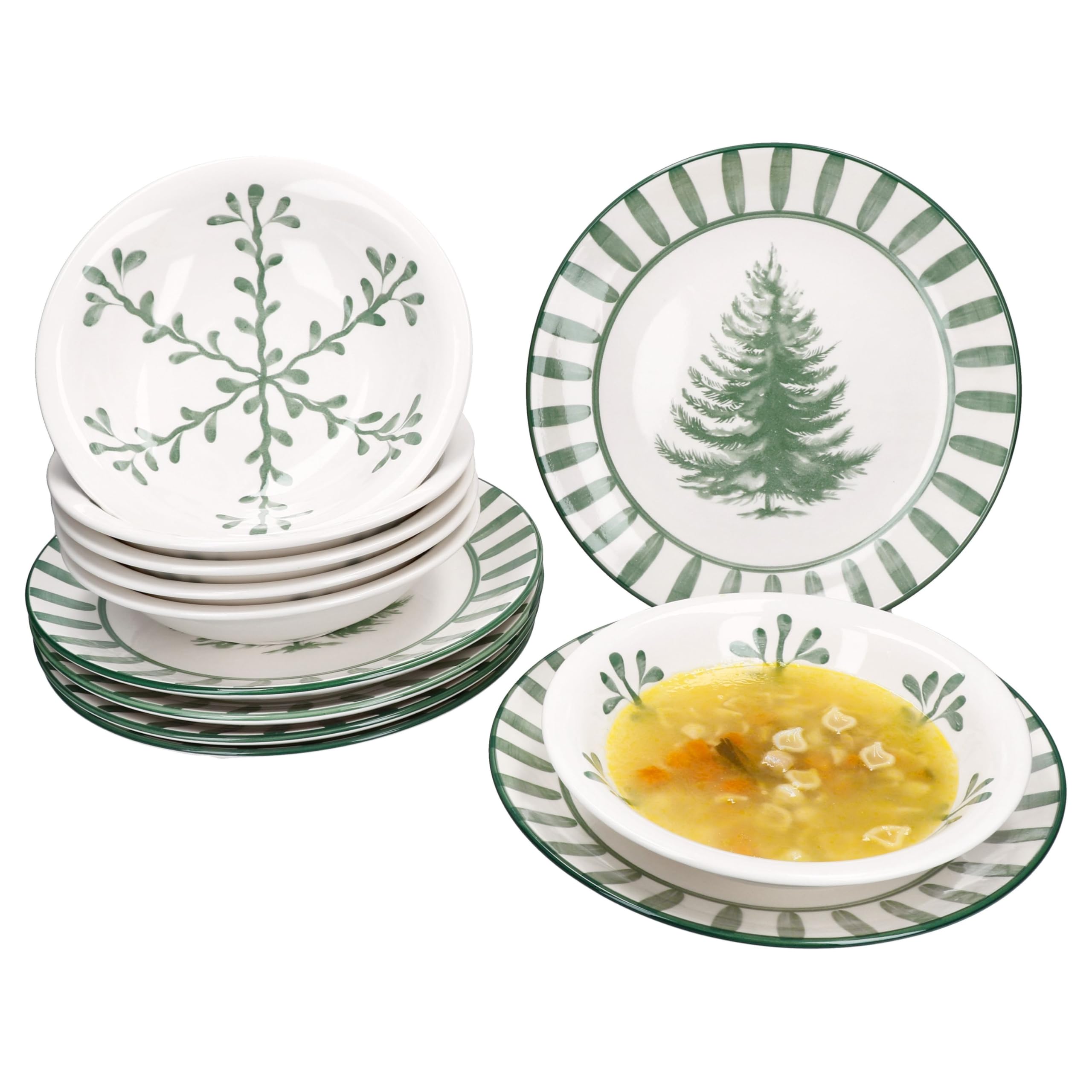 MamboCat Wald grün 12tlg Tafelservice I Steingut-Geschirr für 6 Personen Tanne & Zweigen I 6x flache Speiseteller & 6x tiefe Suppenteller 400ml