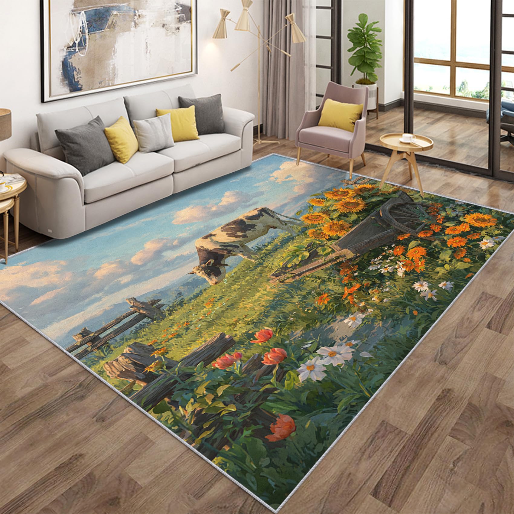 Tapis salon vache tournesol chambre antidérapant poils courts entrée