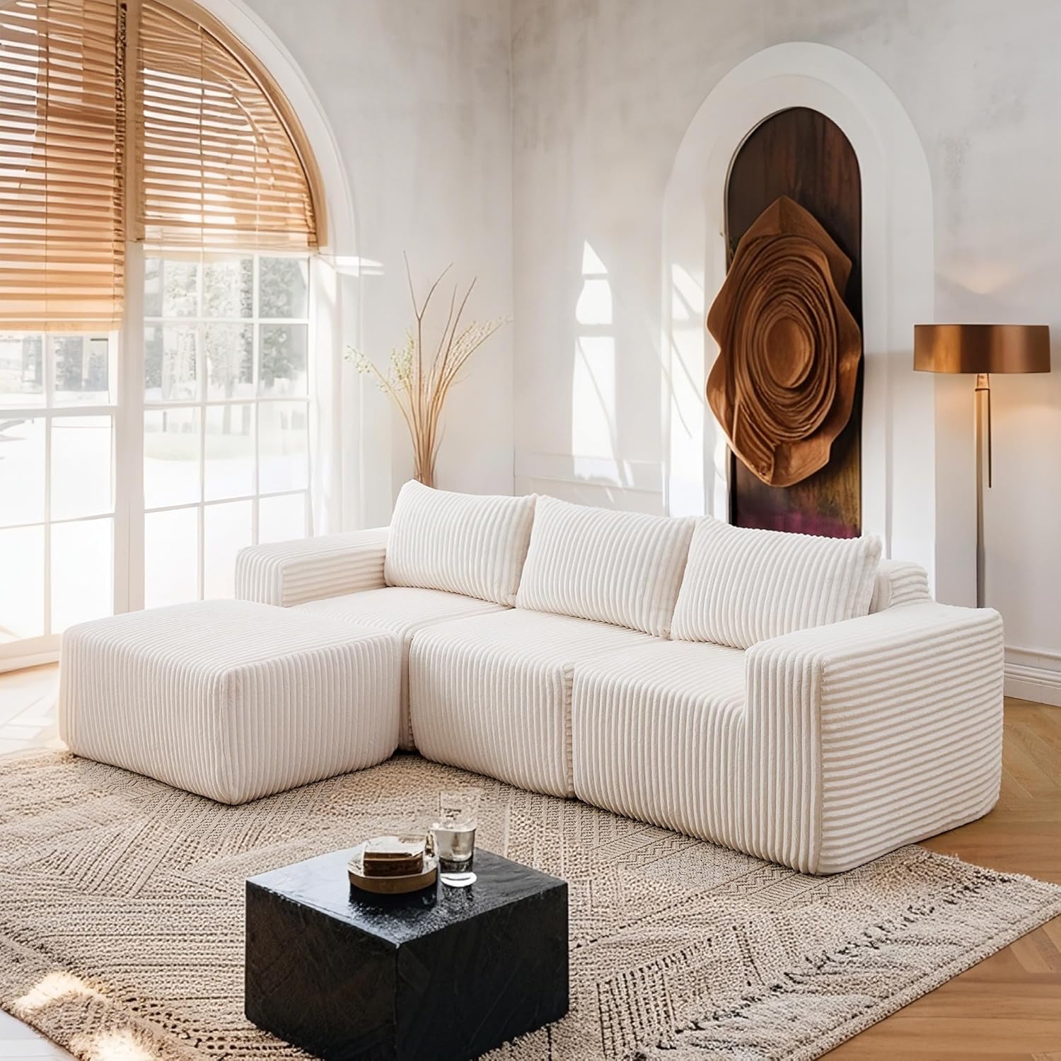 Fefances 101 L-Shaped Modular Sectional Sofa - Boneless Cloud Couch with Corduroy Fabric, Memory Foam Support & No-Assembly Design – Perfect Fluffy Sofa Couch for Living Room（Dark Grey）