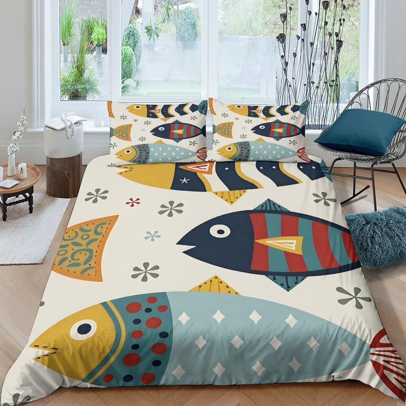 P5V6M1Q9 3D Printed Colorful Fish Duvet Cover Microfiber Soft Breathable Nautical Abstract Quilt Cover Set with 2 Pillowcases for Bedroom Décor Rental Home Single（135x200cm）