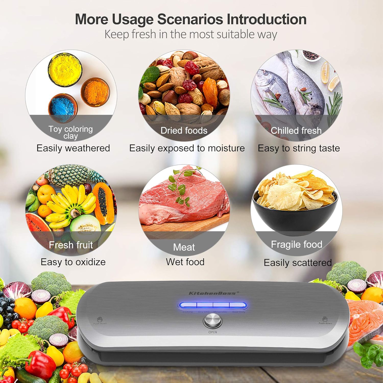 KitchenBoss G210 Vacuum Sealer showing different usage scenarios for various food types.