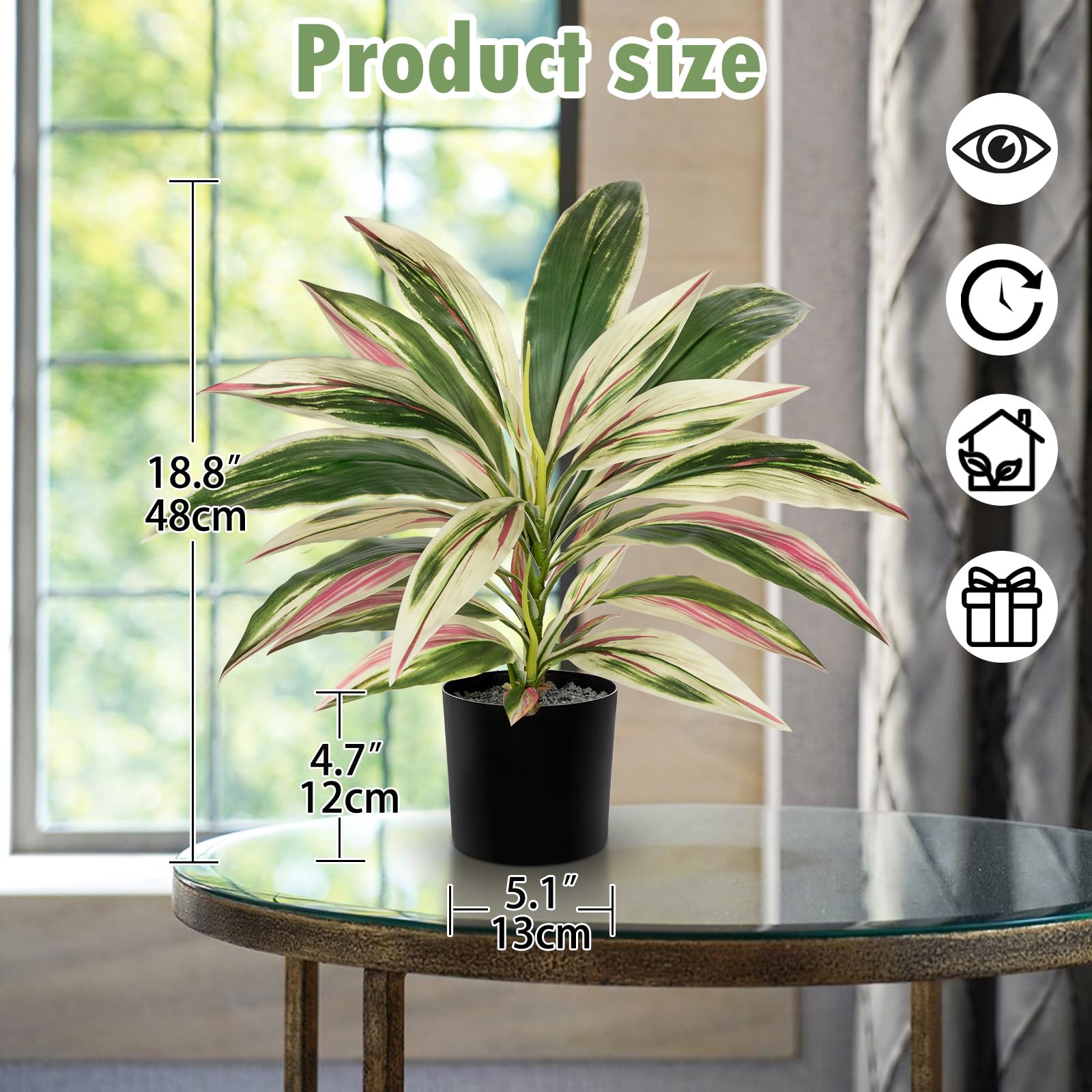 Oairse Pianta artificiale dracaena da 48 cm in vaso con vaso nero artificiale Dracaena piante tropicali artificiali per bagno, soggiorno, ufficio, scrivania, mensola, rosa