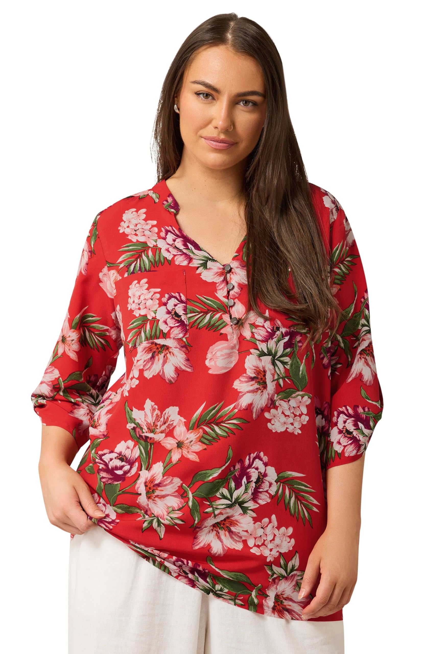 Evans Women's Red Curve Floral Print Button Detail Blouse - Plus Size Curve