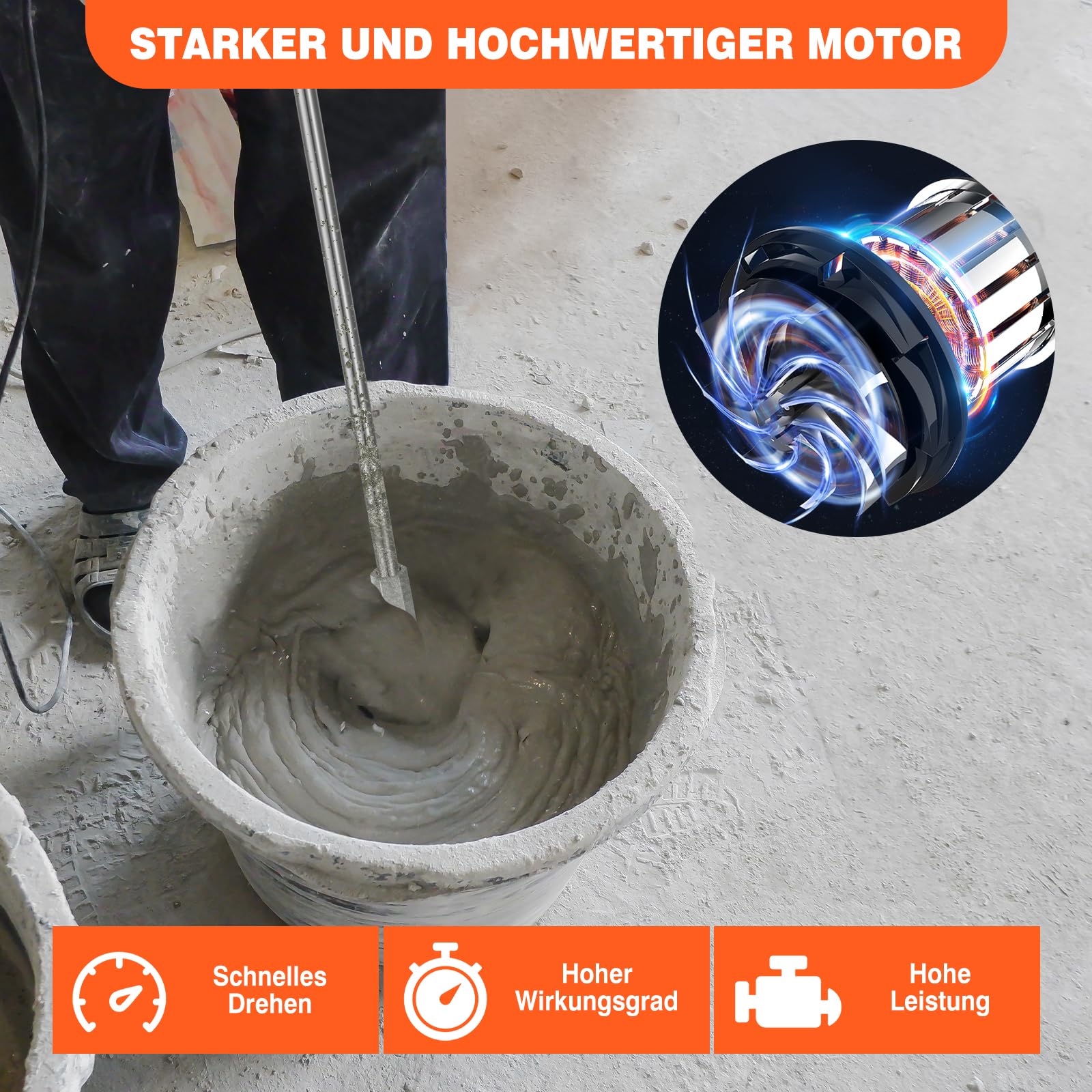 Mélangeur orange 2600 W pour peinture, béton, mortier, plâtre, colle et ciment, avec 6 vitesses, fonction de démarrage doux, interrupteur verrouillable, vitesse de rotation 0-1700 tr/min, avec - 3