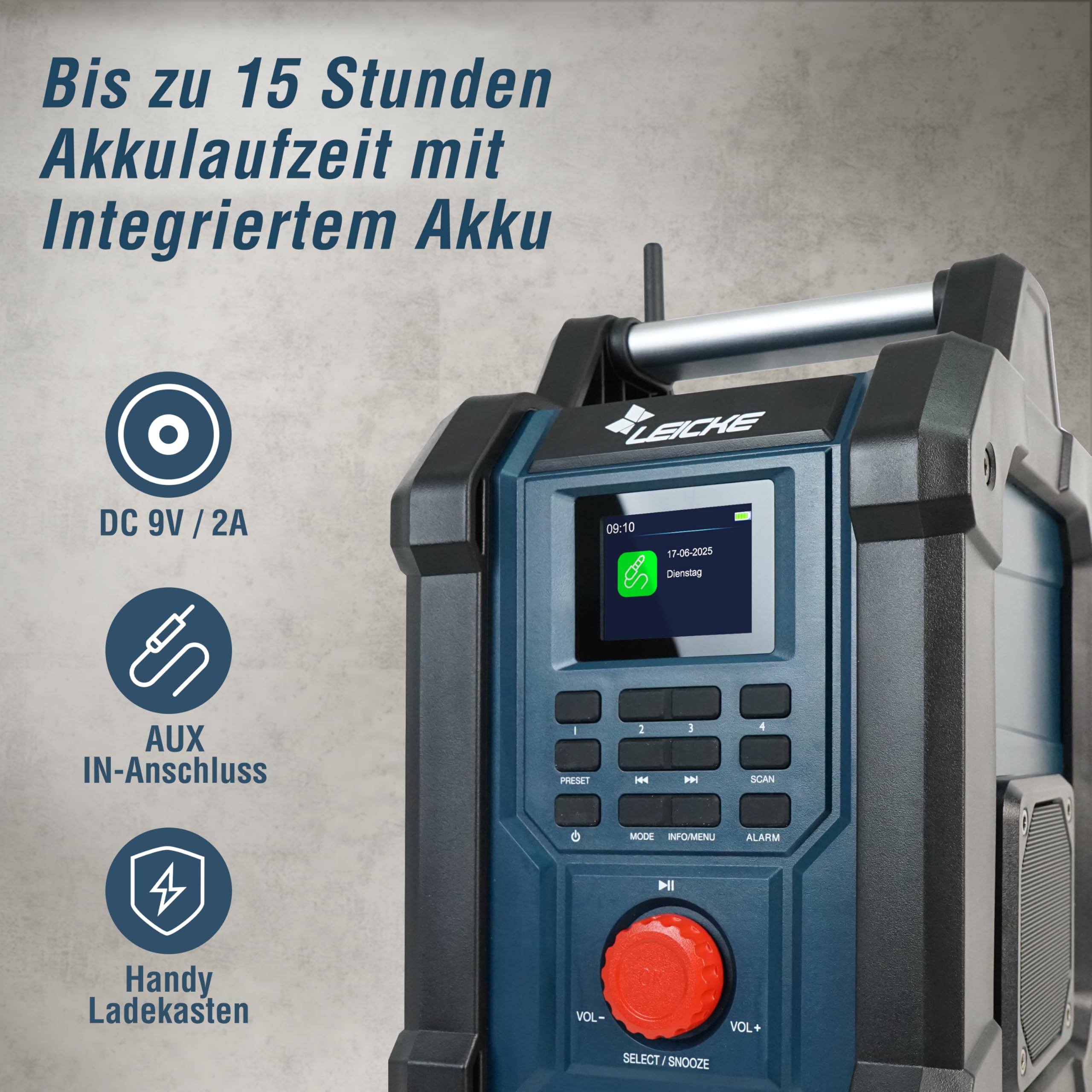 Baustellenradios - Digitales und Robustes Radio mit DAB+, FM, Bluetooth, AUX, 4000mAh Akku, 2 x 15W Lautsprechern und 2.4-Zoll LCD Display