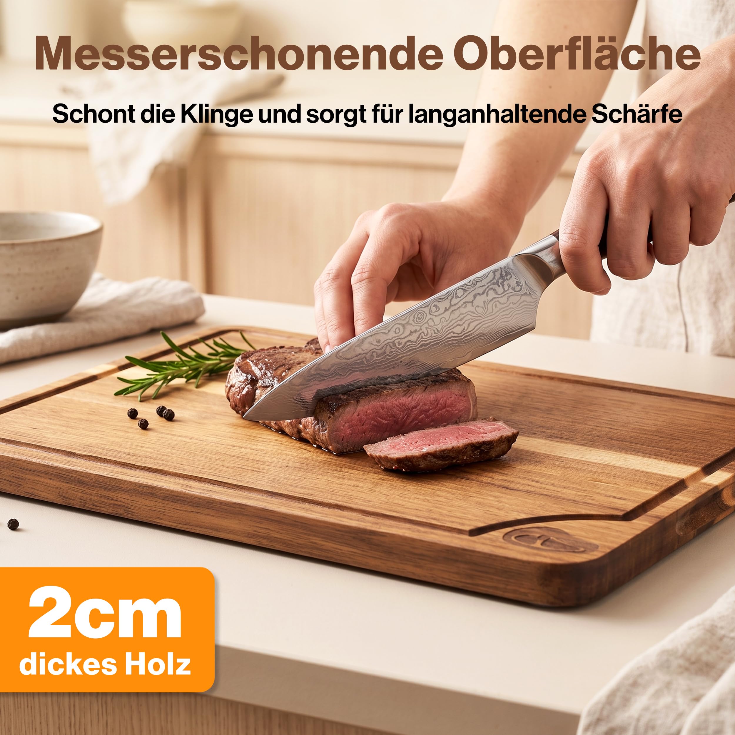 EDELHAUS Schneidebrett Holz 3er Set Akazie, Holzschnedebrett mit Saftrille | Schneidbretter ohne Mikroplastik aus Akazie 2 cm dick Holzbretter Küche mit Saftrille (40x30 / 33x24 / 25x18cm) Cutting Board