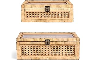 Rattan Decorative Wicker Box with Glass Lid for Display (Set of 2)