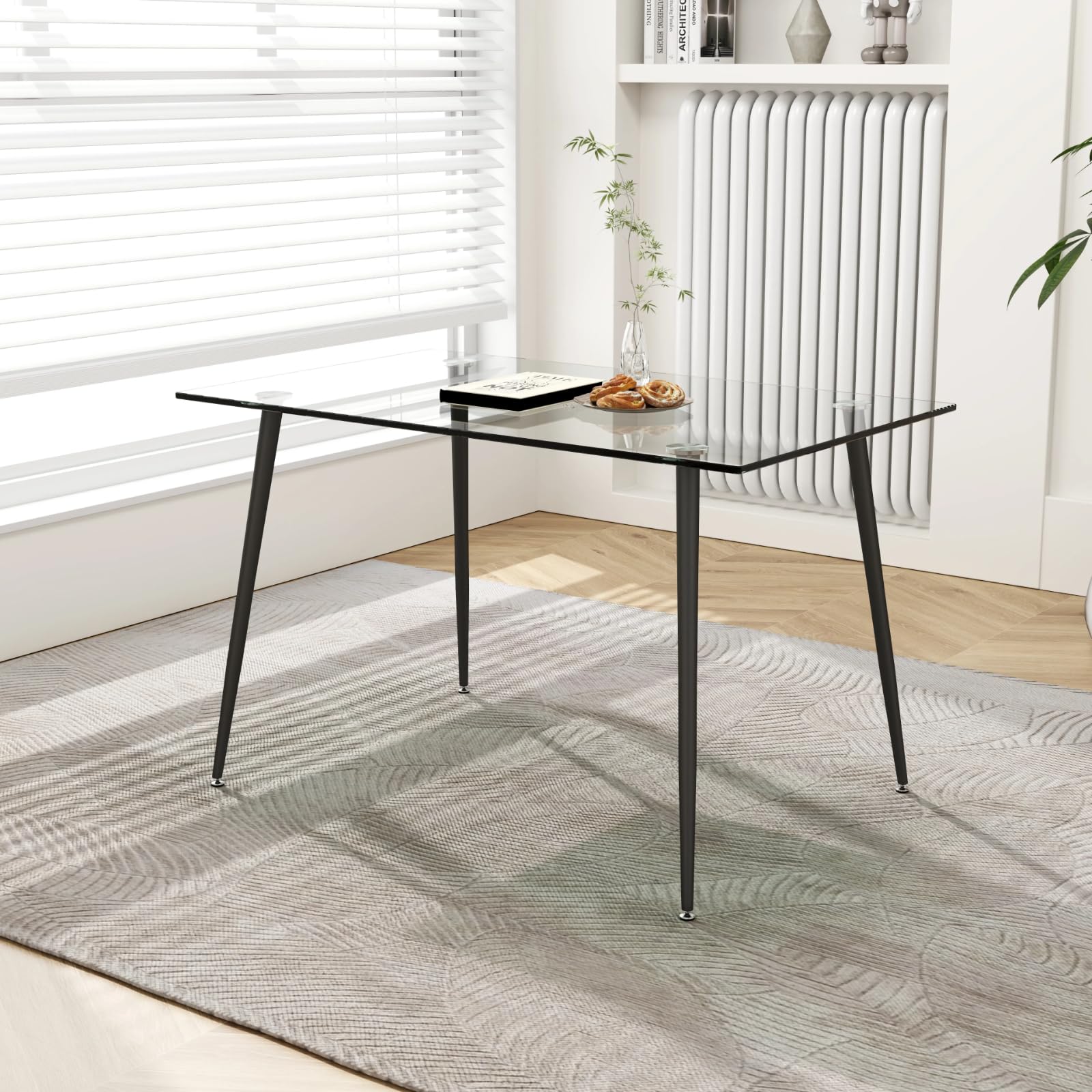 NIERN Tempered Glass Dining Table Rectangle with Black Metal Legs, Modern Kitchen Table for Small Spaces, Seats 4 People, 110x70cm