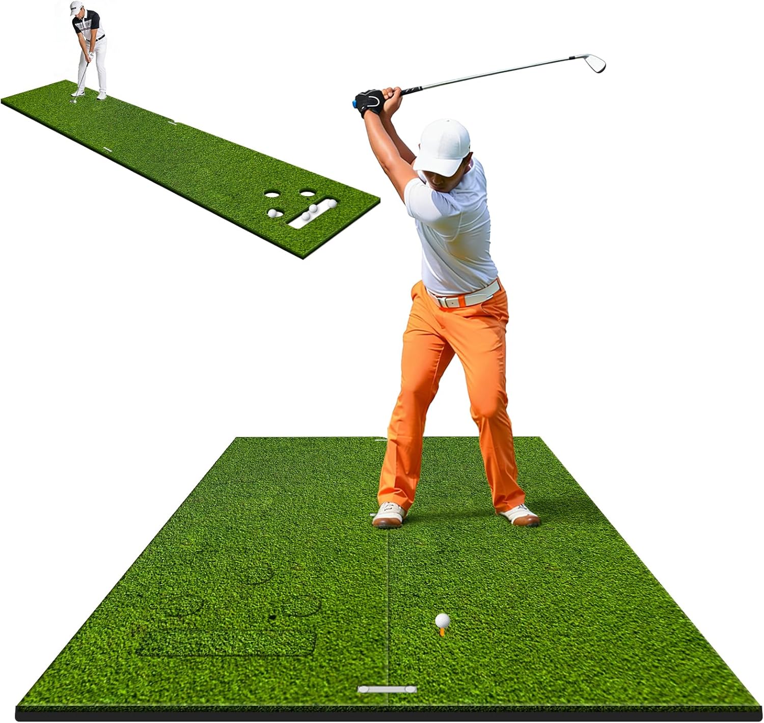 Convertible 2-IN-1 Golf Hitting Mat & Golf Putting Mat, High-Elasticity Golf Practice Mats 150000+Swing for Driving Range Chipping Simulator, 1.22/1.02in Turf Mat Outdoor Indoor Use w/Tees