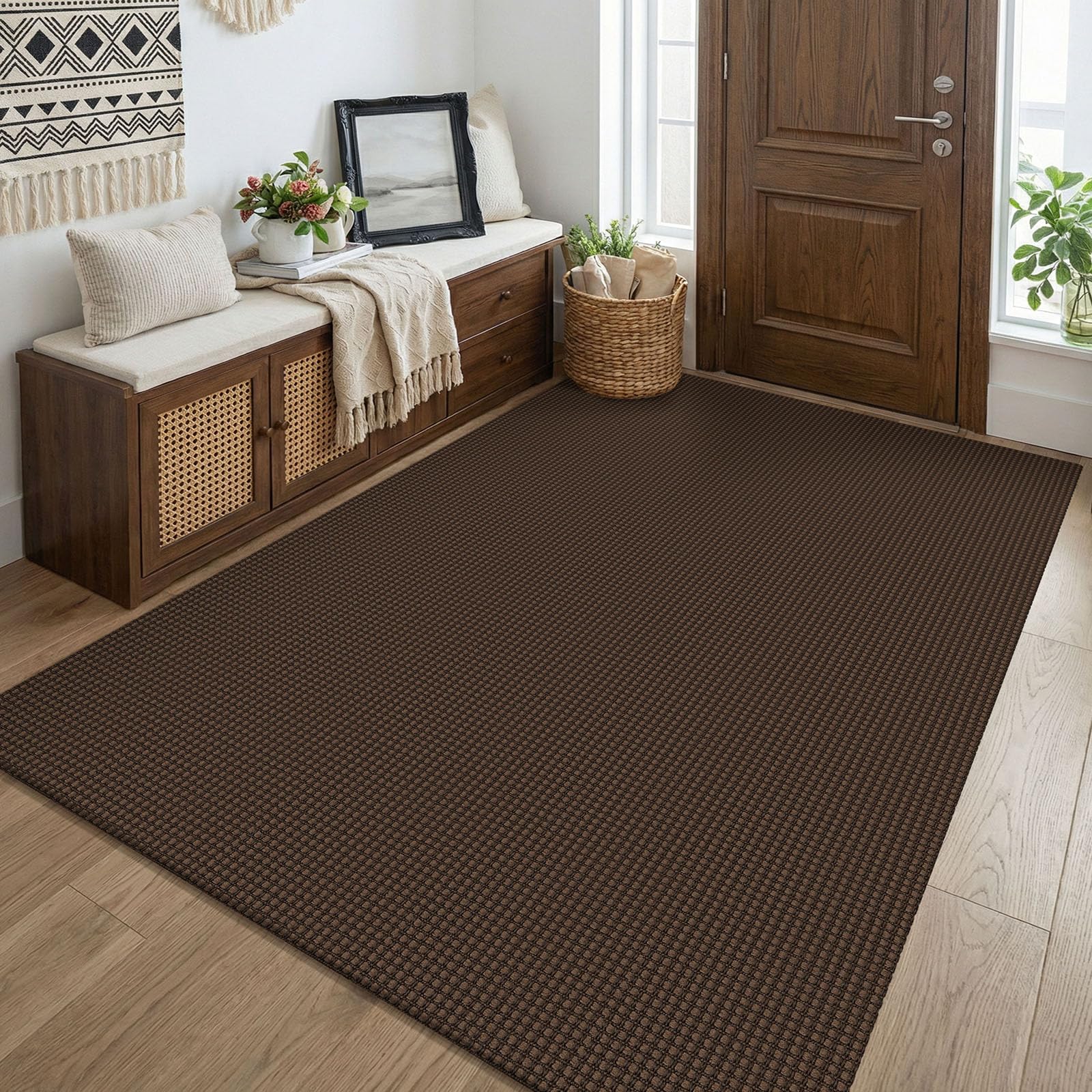 KOZYFLY Washable 4x5 Entry Woven Area Rug, Braided Throw Rugs for Entryway, Non Slip Door Mat Indoor Entrance, Flatweave Carpet for Foyer, Bedroom, Dining, Office, Brown/Dark Brown — image 1