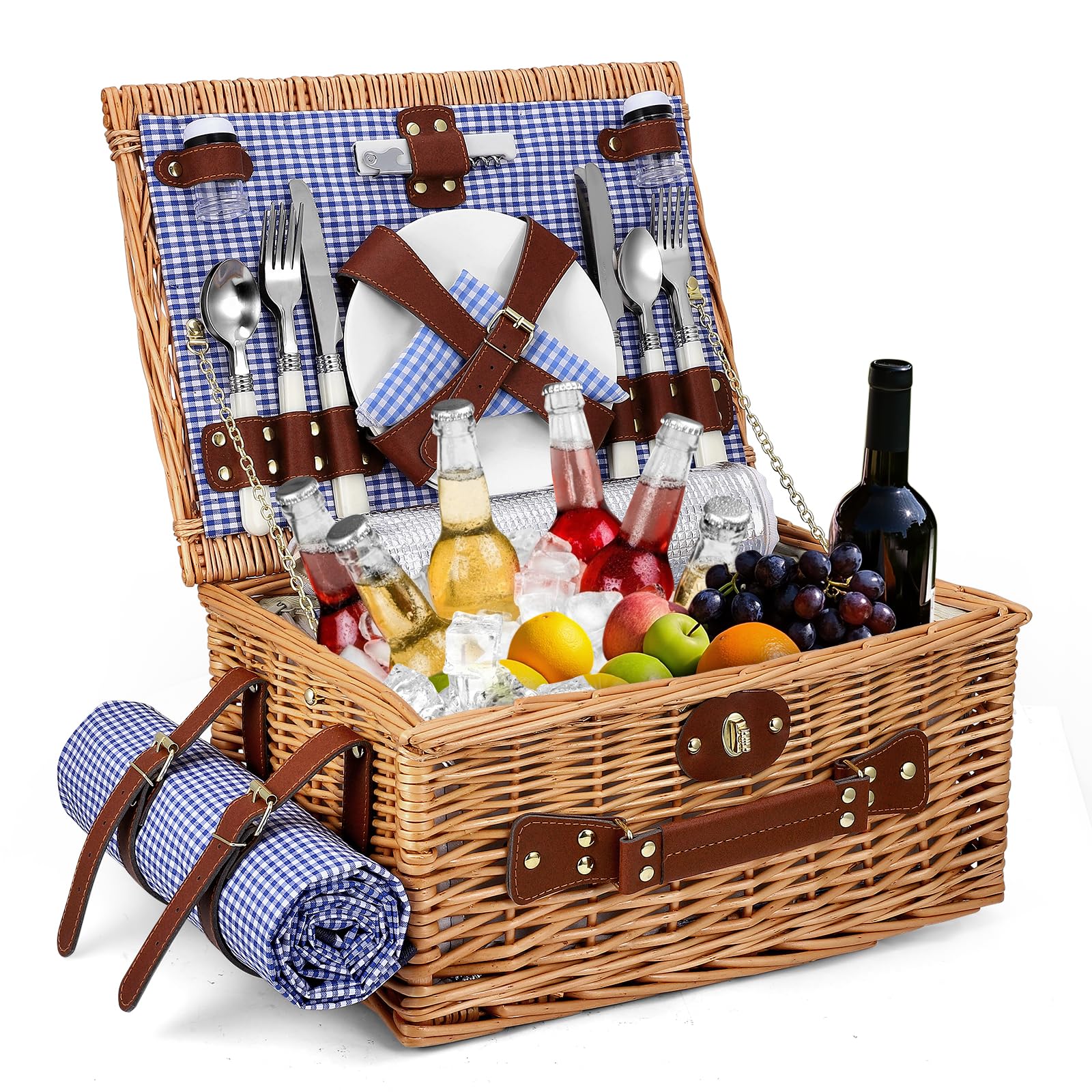 Cesta de Picnic Mimbre para 4 Personas, Cesta Trenzada a Mano con Aislamiento Integrado y Manta Impermeable – Set Completo con 4 Cubiertos, Platos, Vasos para Camping Playa jardín