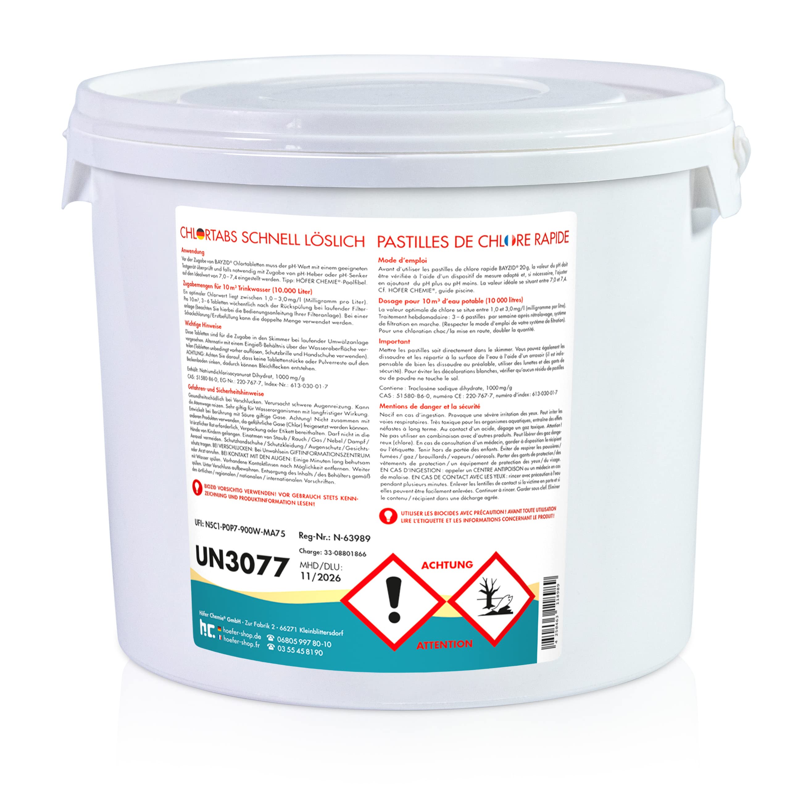 Höfer Chemie 1 x 5 kg Pastilles de Chlore pour Piscine 20 g, Hautement Efficaces, Rapidement solubles avec Une teneur en Chlore Actif de 56%, pH Neutre, sans Calcaire, Désinfection Puissante