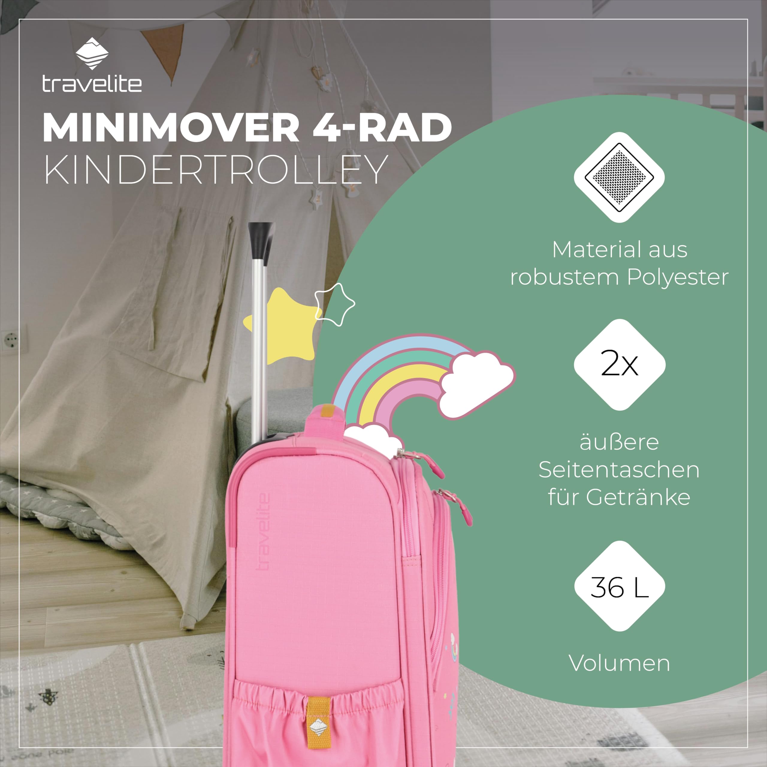Travelite Kinderkoffer mit 4 Rollen für Mini-Weltentdecker, Handgepäck Kindertrolley MINIMOVER aus recyceltem Polyester, 55 cm, 2,0 kg