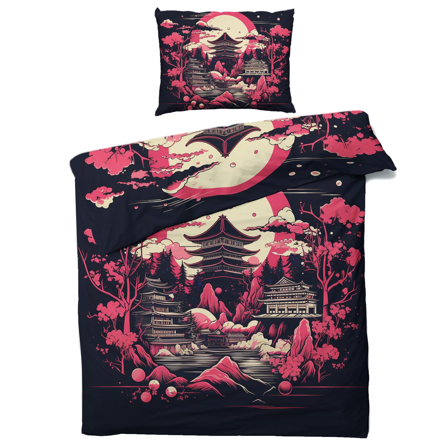 Housse De Couette 220x240 Style Japonais Parure De Lit 2 Personnes En Microfibre Avec Fermeture Éclair, 3 Pièces Ensemble De Literie Avec 2 Taies D'oreillers 65x65 Cm, Pour Adulte Enfant