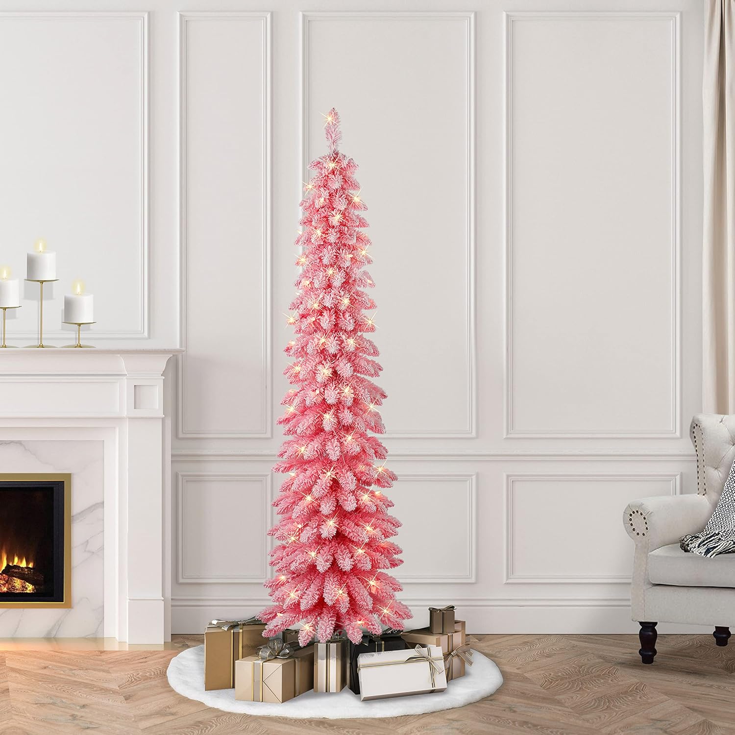 Puleo International 6 ft Pre-Lit Flocked Pink Artificial Alpine Pencil Tree 261 Tips 100 Clear Lights