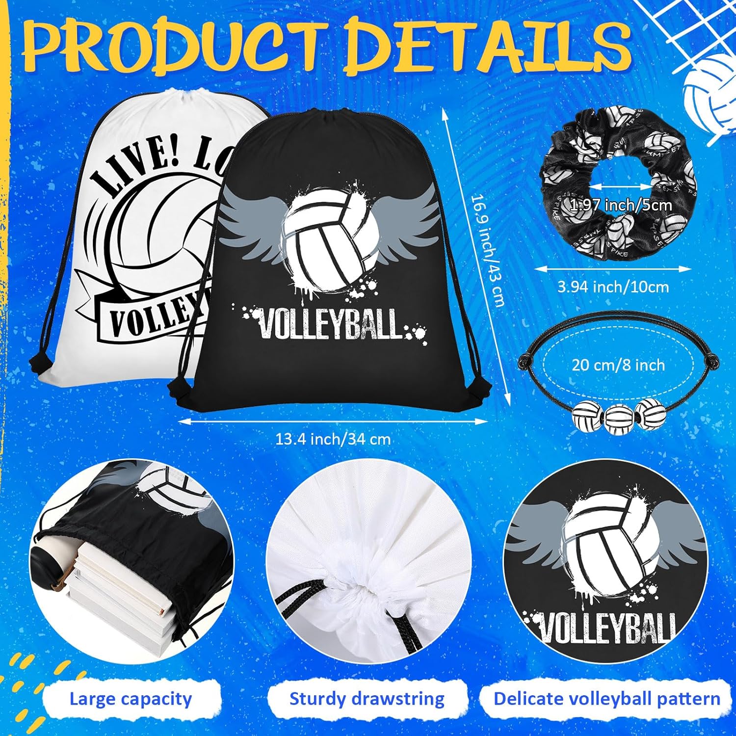 Yungyan 48 Pcs Volleyball Party Favors Set Volleyball Goodie Bags 24oz Volleyball Cups with Lids Sport Drawstring Bags Volleyball Hair Ties Bracelets for Team Gifts Volleyball Party Supplies - Image 4