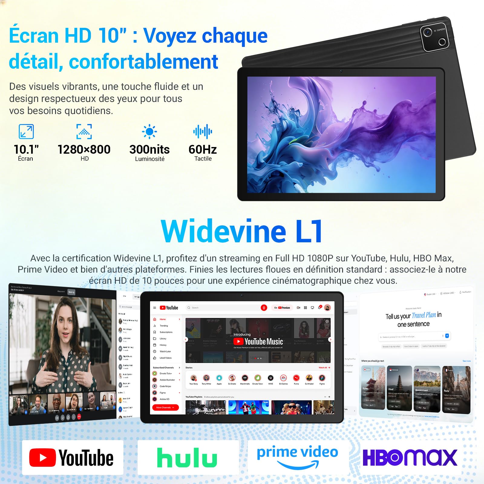 Wqplo Tablette 10 Pouces Android 15 certifiée GMS, 30Go RAM + 128Go ROM (2To TF), Octa-Core, 6200mAh, HD 1280x800, WiFi 6, BT 5.3, Widevine L1, 5MP+8MP, Tablet PC, Noir – 2026 - 4