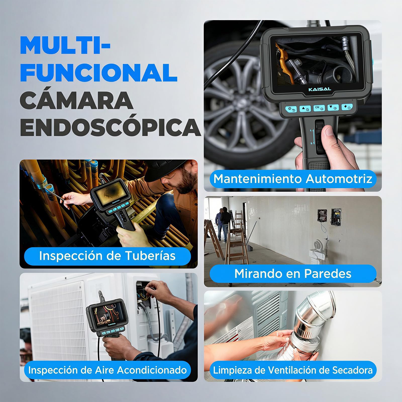 KAISAL Endoscopio Camara de Inspeccion, 6.25mm Cámara Endoscópica con Cabezal Giratorio de 210°, 4,3" 1080 HD Endoscopio, Cámara Endoscópica Tuberías IP67 Impermeable con Luz & Base Magnética