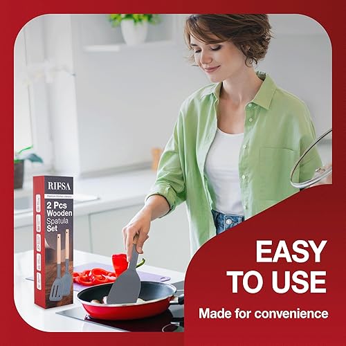 Miniatura 7 de Paquete de 2 espátulas de silicona, espátulas ranuradas antiadherentes con mango de madera, juego de utensilios de cocina de madera ideal para