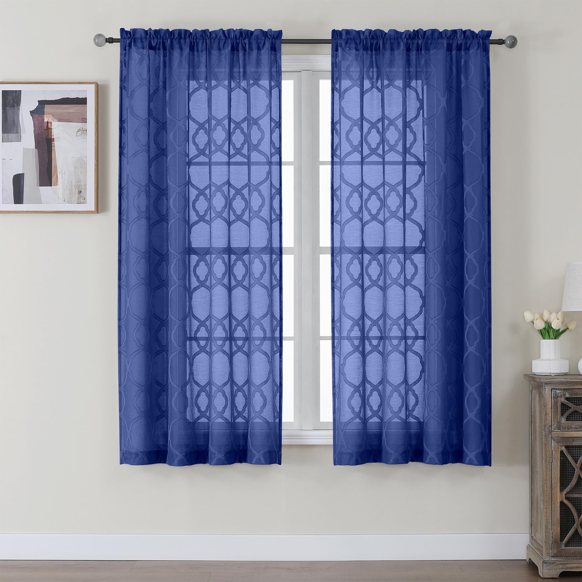 OWENIE Semi Sheer Blue Curtains - 54 Inch Length, 2 Panels Set for Living Room, Bedroom & Bathroom, Geometric Jacquard Clip Textured Short Curtains for Small Window